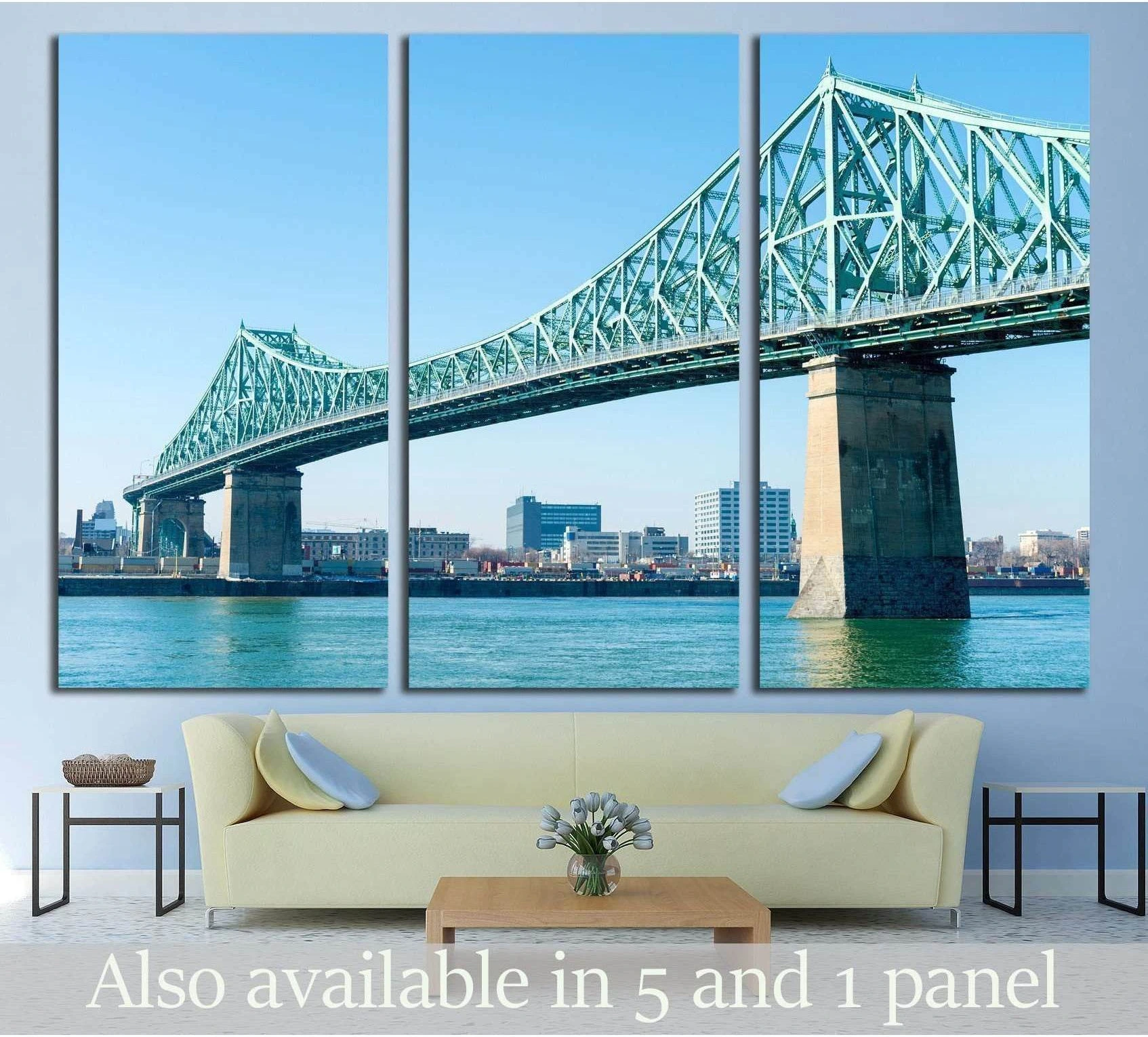 Jacques Cartier Bridge triptych canvas print above a sofa in a modern living room