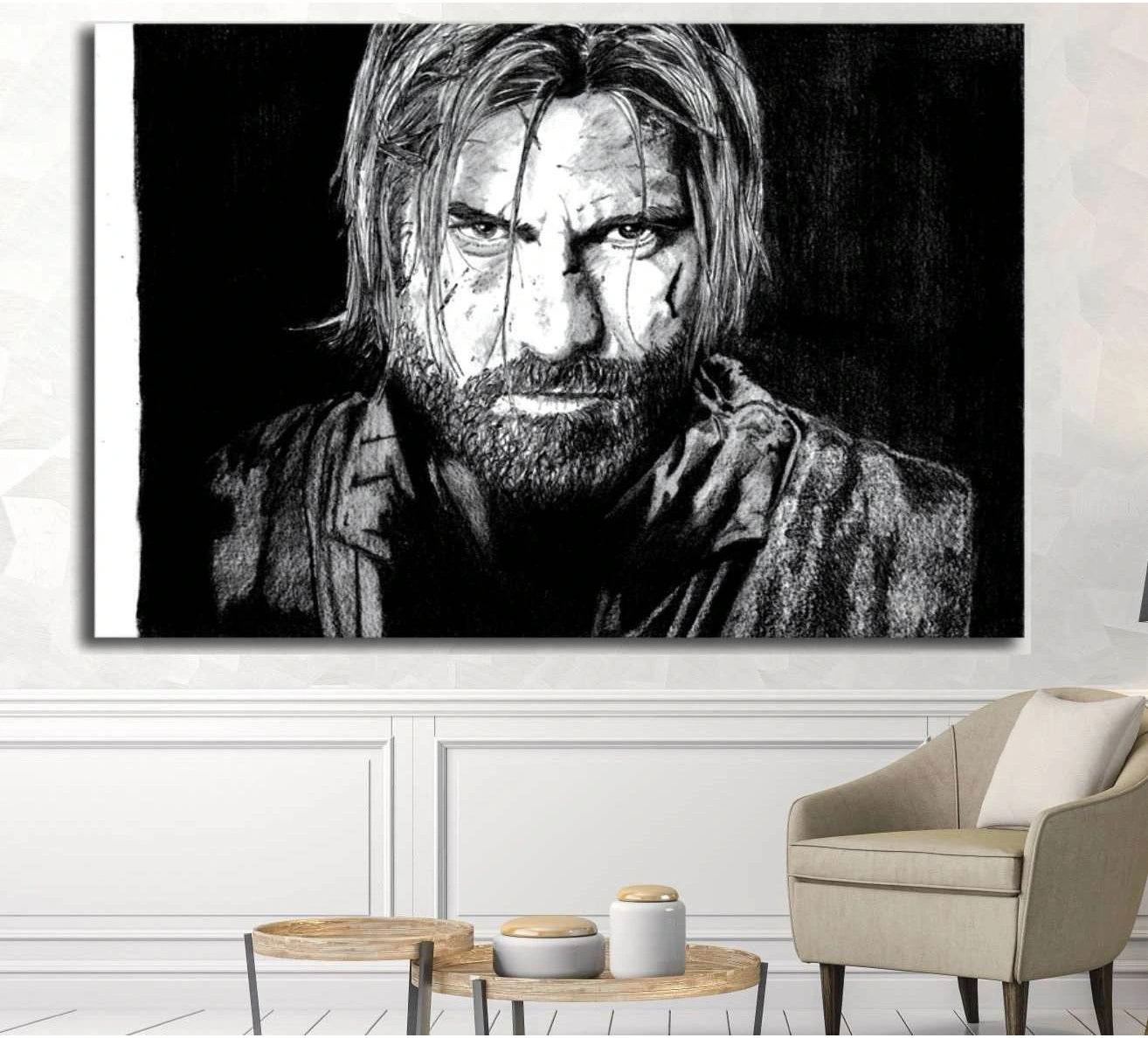 Jaime Lannister monochrome canvas print with a rugged black and white portrait above a fireplace in a modern living room