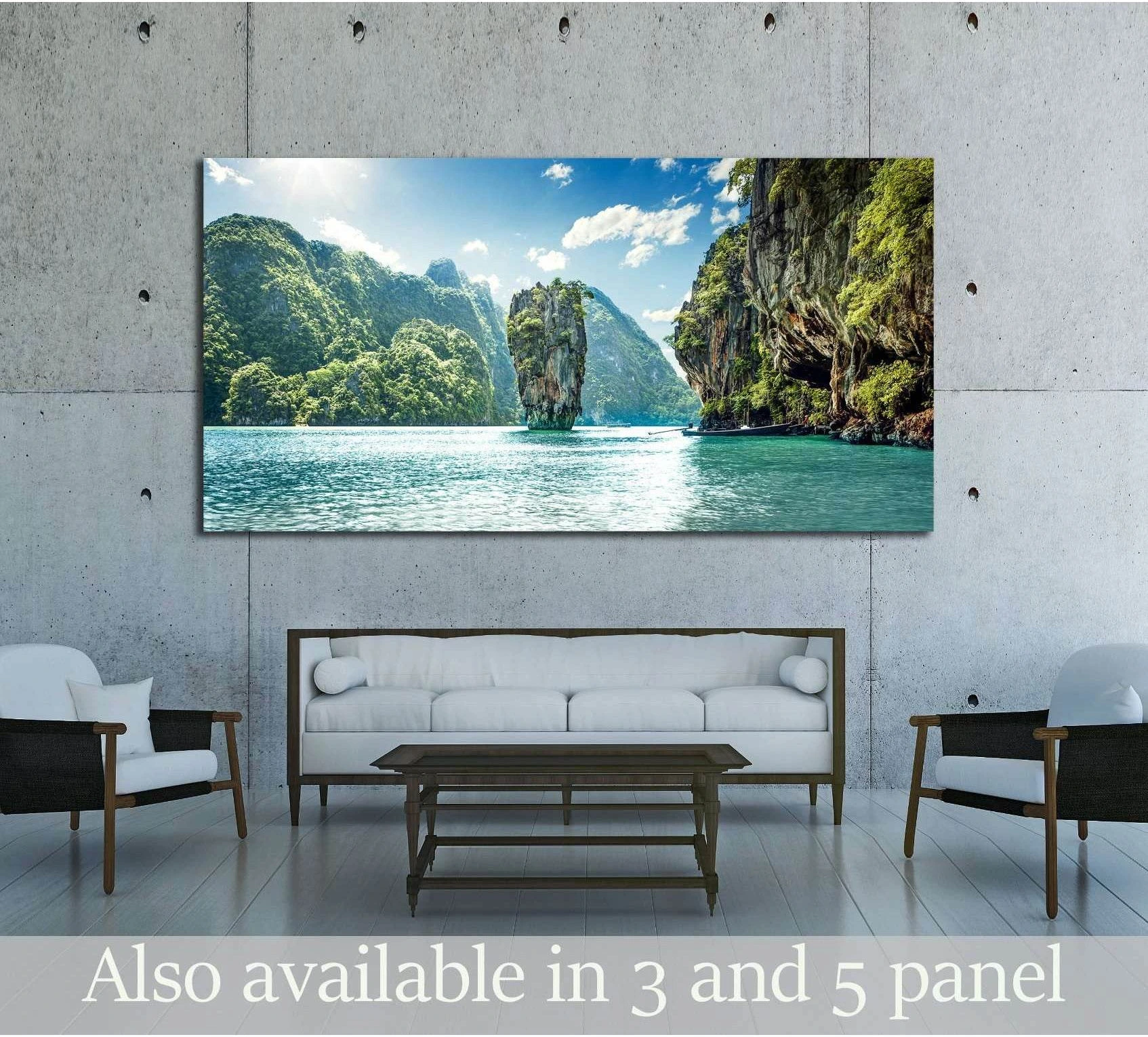 Emerald Tropical Seascape Canvas Print: Blue Skies & Cliffs showing sea water, shoreline and horizon depth.