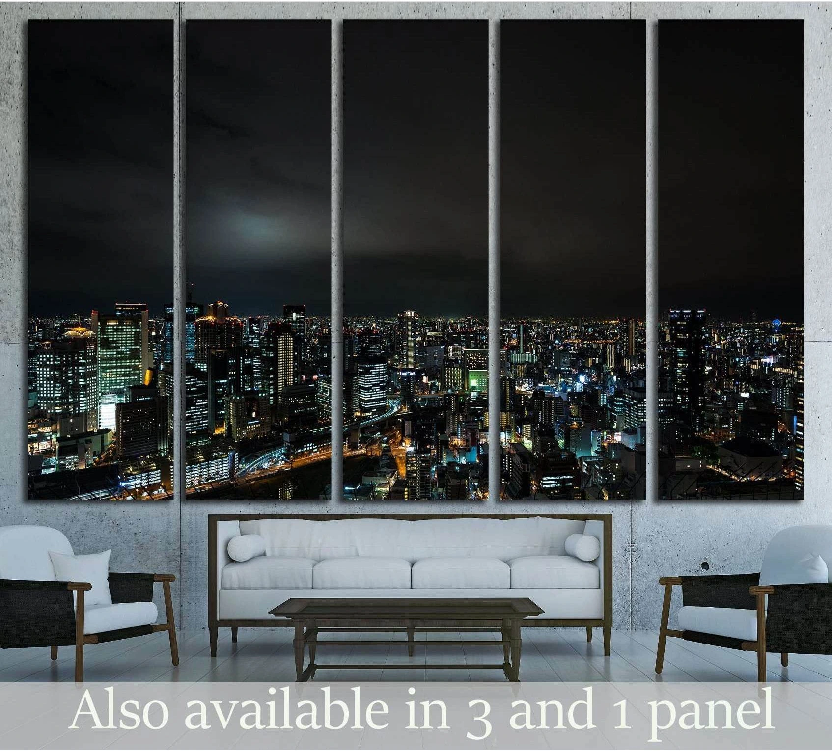 Osaka nightscape canvas print featuring panoramic city lights in a modern living room mockup