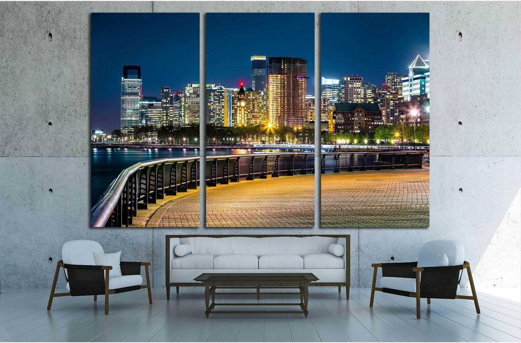 Jersey City skyline by night along Hudson river promenade №1774 Ready to Hang Canvas Print - Zellart Canvas Prints ALL_Products, s-1774