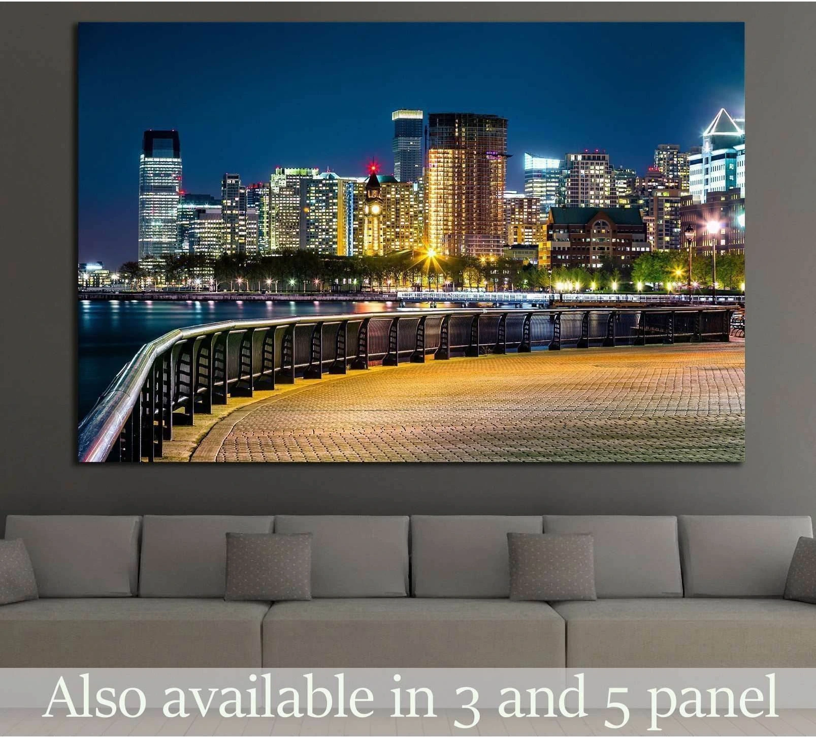 Jersey City skyline canvas print above sofa with Hudson River promenade at night