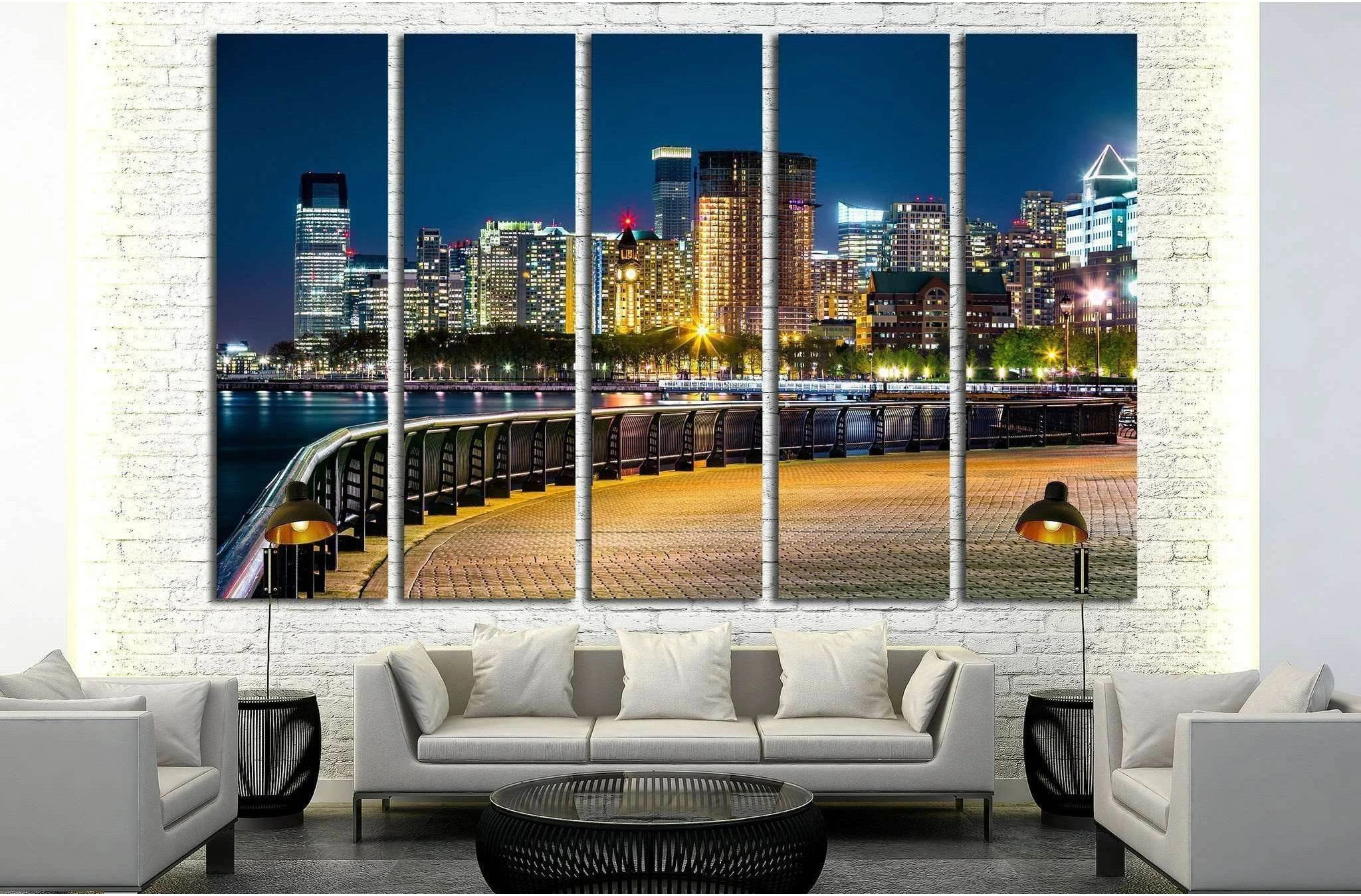 Jersey City skyline by night along Hudson river promenade №1774 Ready to Hang Canvas Print - Zellart Canvas Prints ALL_Products, s-1774