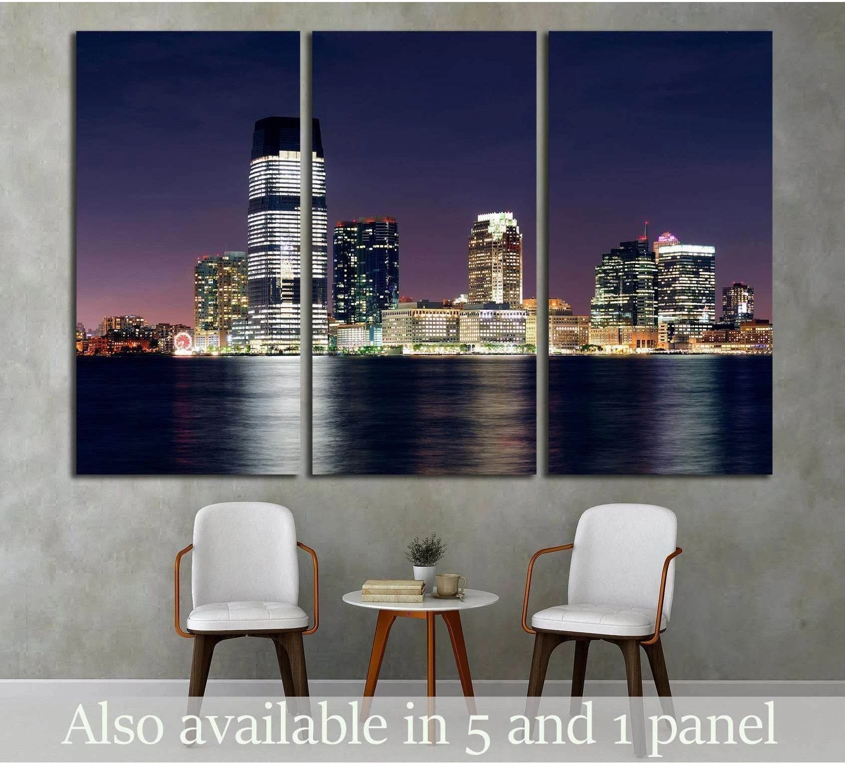 Jersey City skyline canvas print with lit skyscrapers across the Hudson River at night