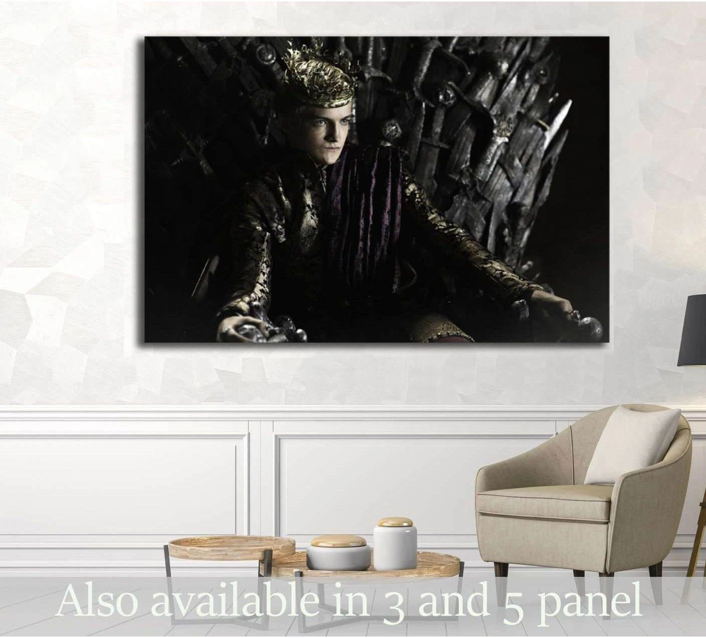 Joffrey Baratheon on the Iron Throne canvas print displayed in a modern living room