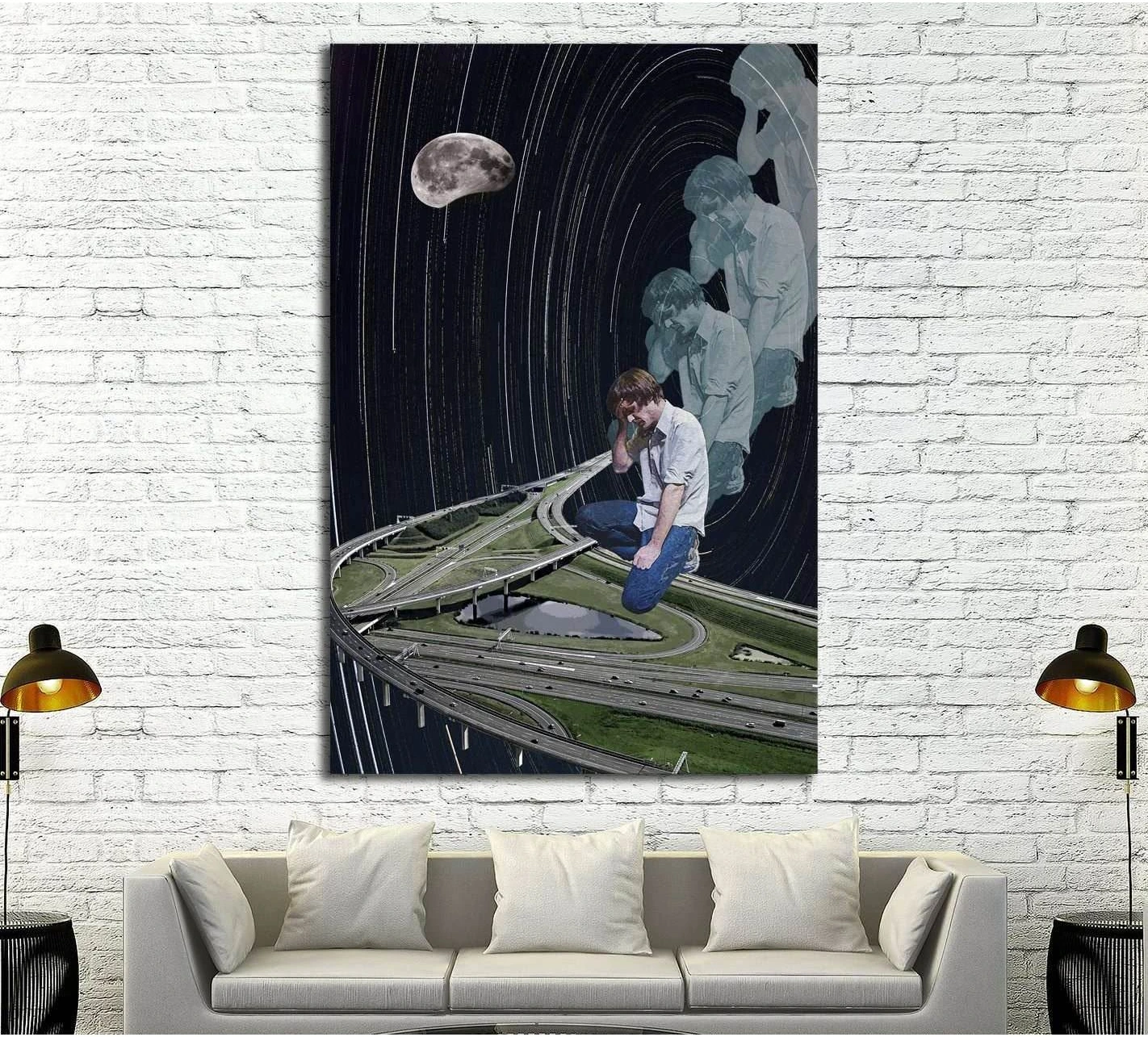 Surreal collage canvas print with seated man on looping highway beneath the moon in a dark night sky