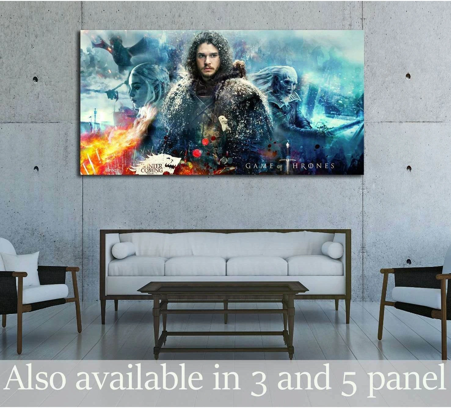 Jon Snow fantasy canvas print with icy blue White Walkers and fire accents above a sofa in a modern living room