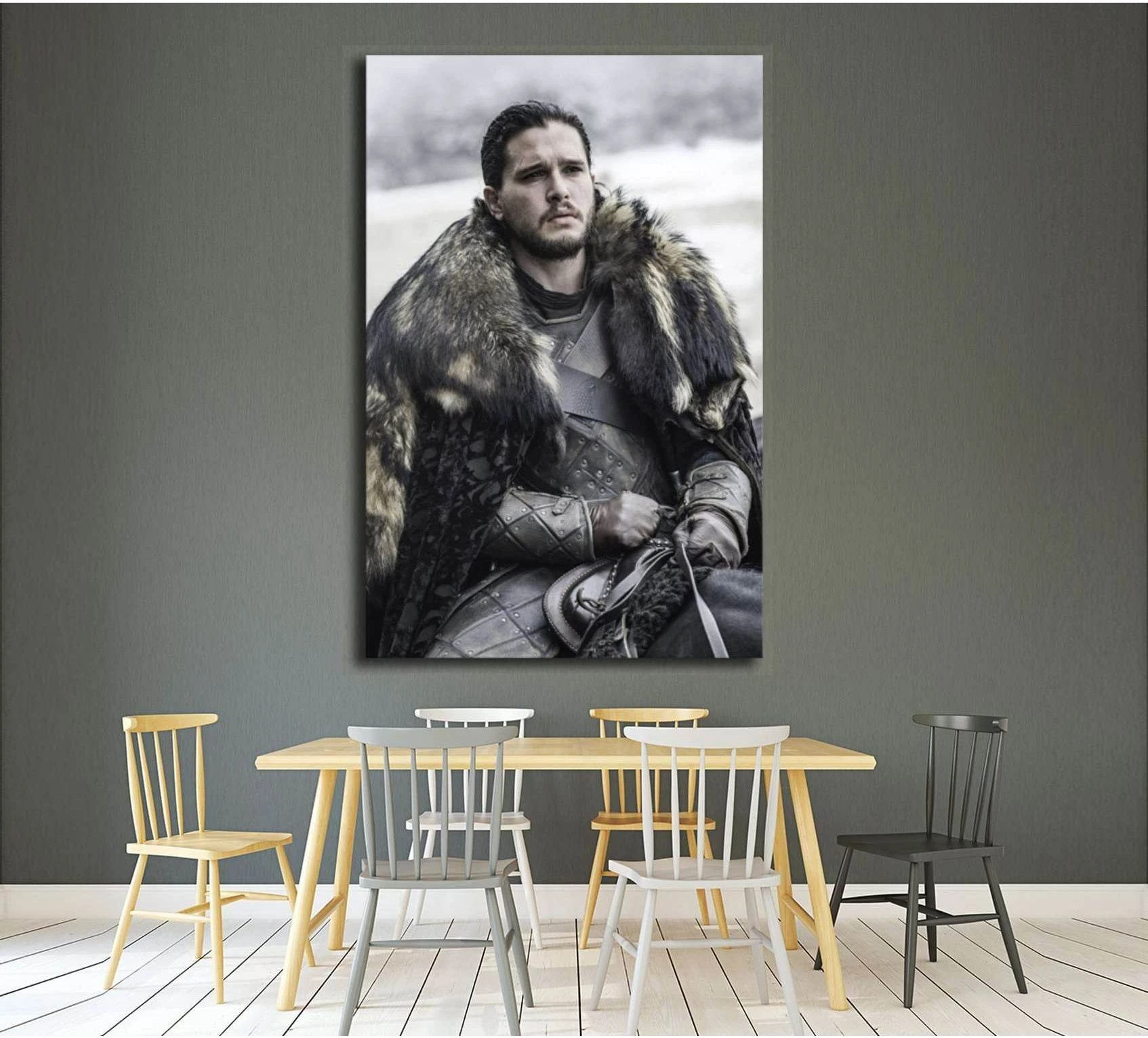 Jon Snow canvas print with fur cloak and armor hung above a dining table in a modern room