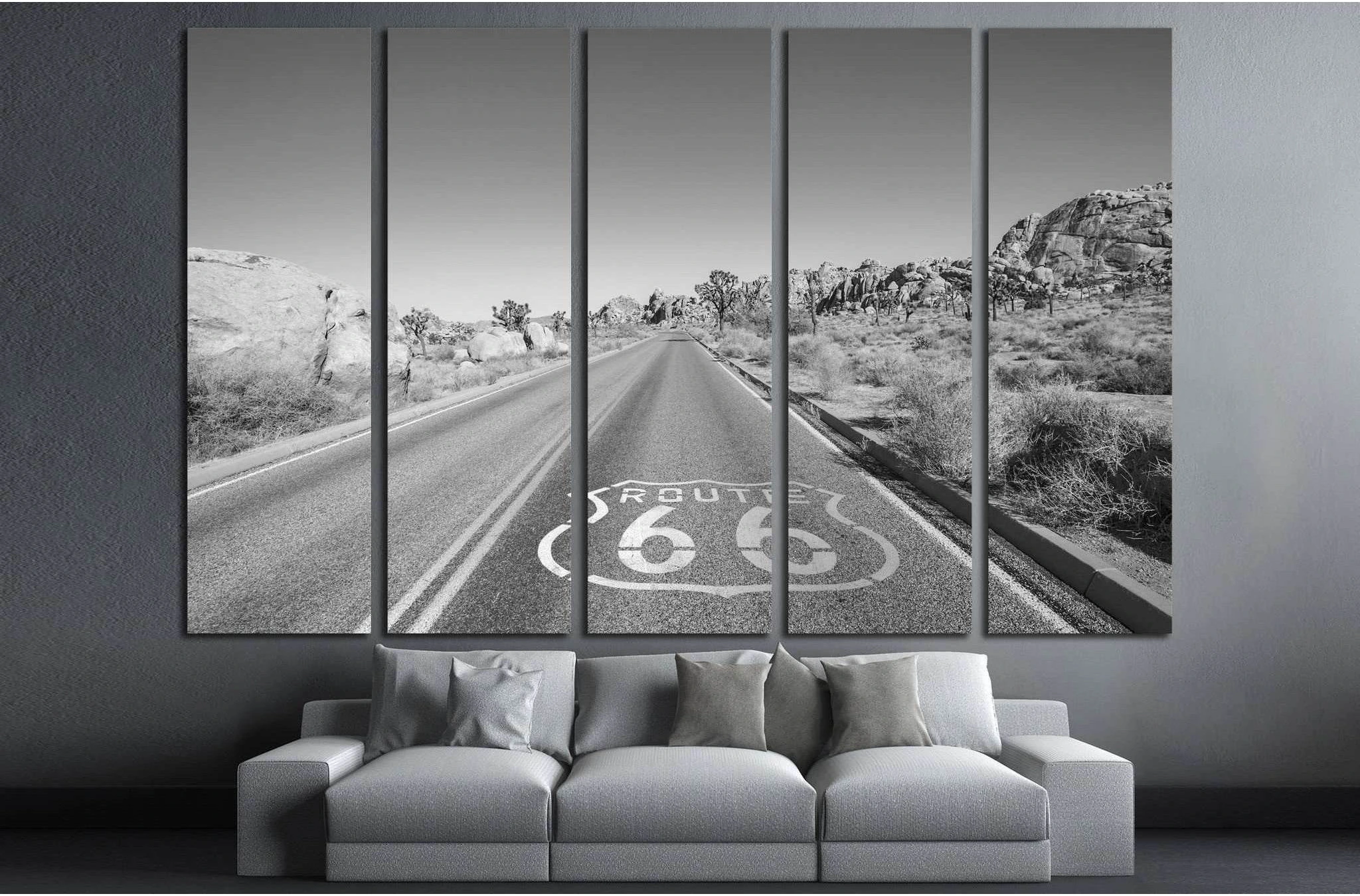Joshua Tree highway with Route 66 pavement sign in black and white №2107 Ready to Hang Canvas Print - Zellart Canvas Prints ALL_Products, s-2107