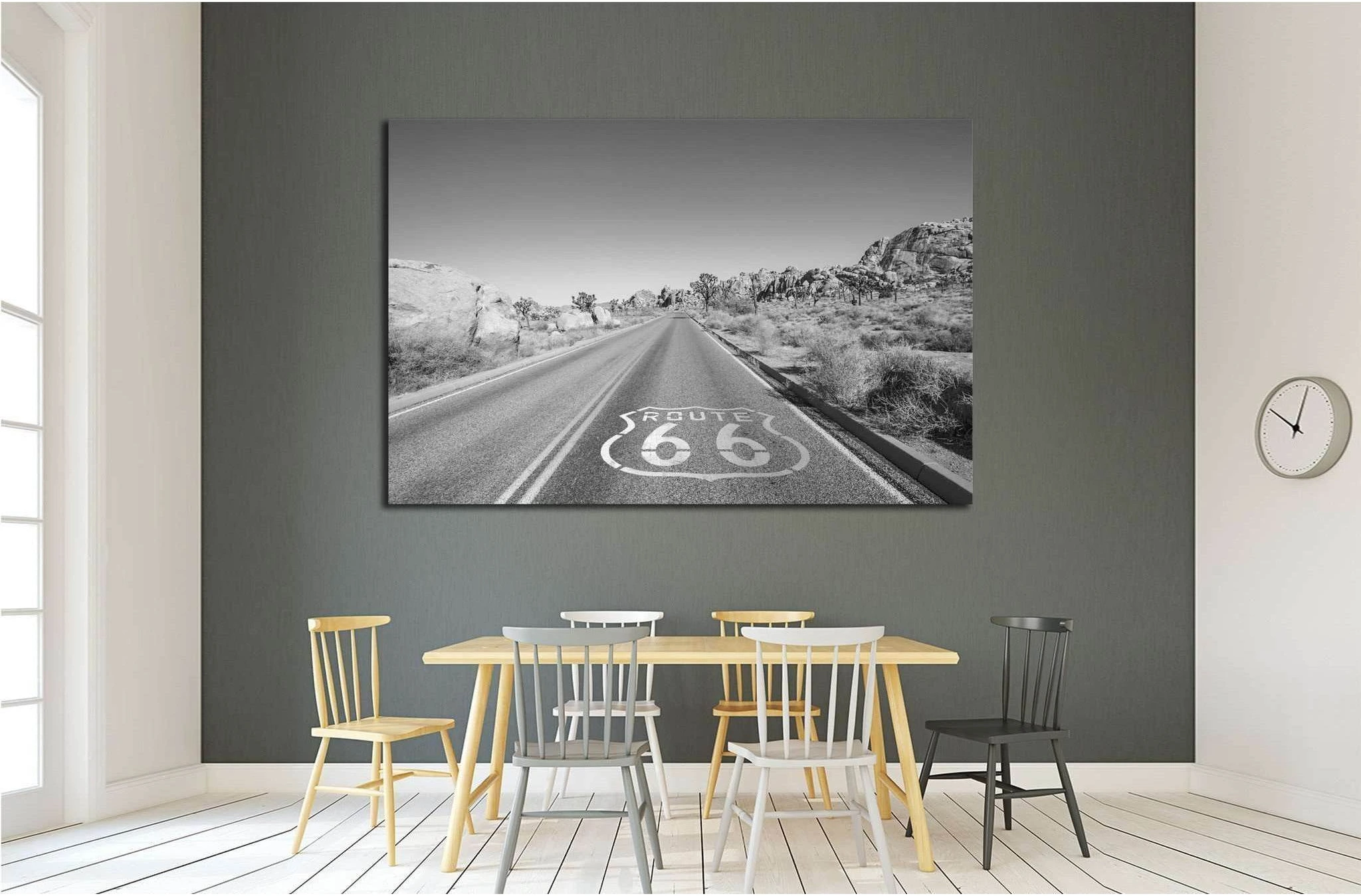Joshua Tree highway with Route 66 pavement sign in black and white №2107 Ready to Hang Canvas Print - Zellart Canvas Prints ALL_Products, s-2107