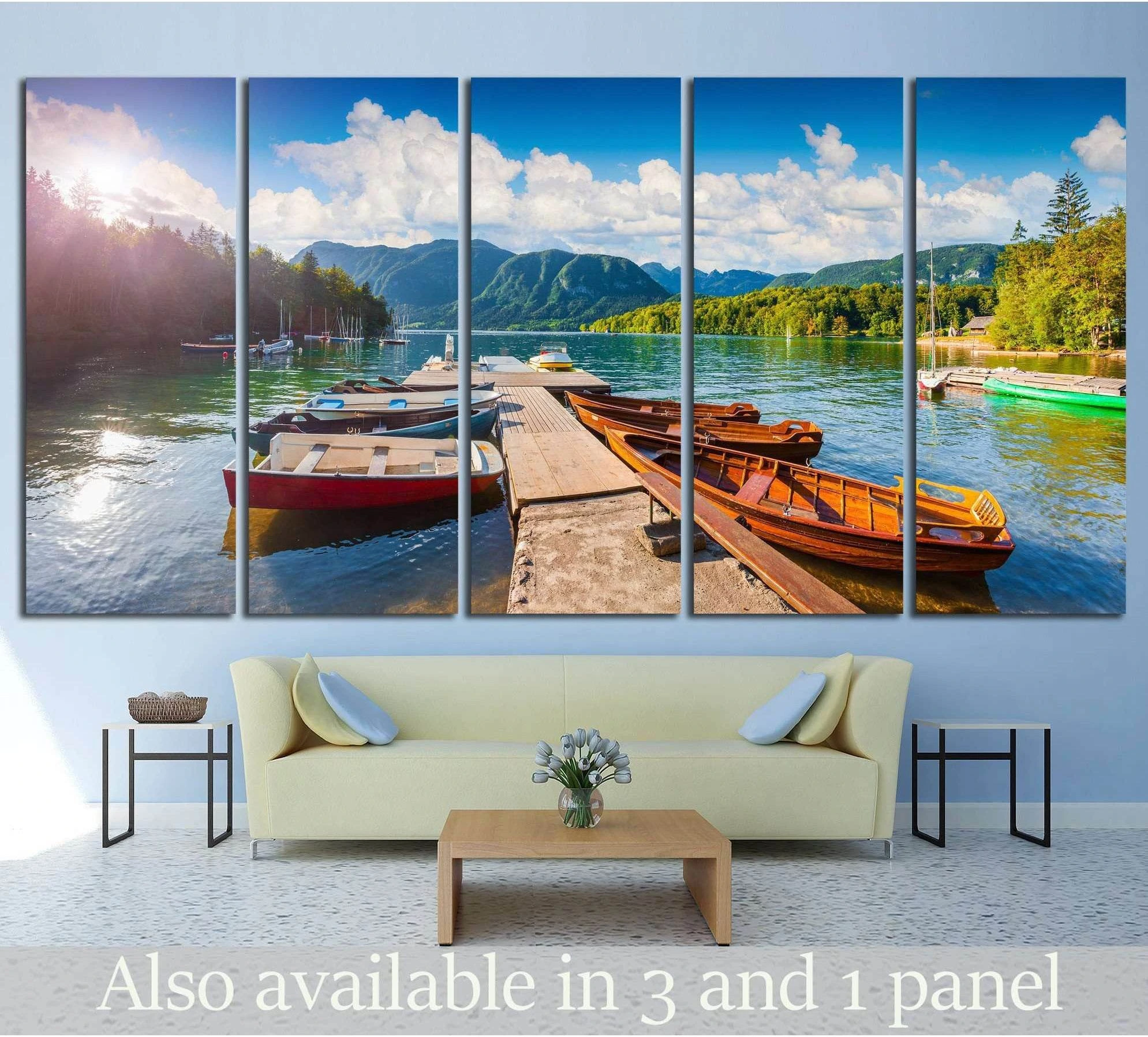 Julian Alps Slovenia canvas print with wooden boats on an alpine lake dock above a sofa