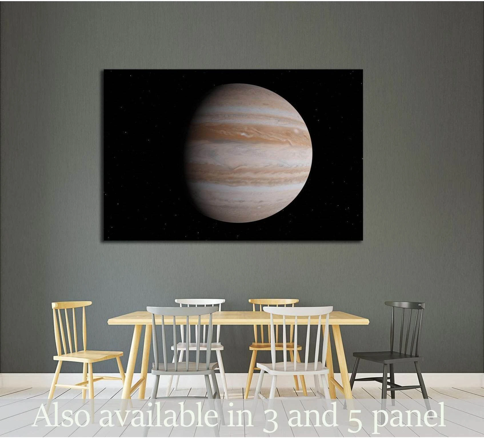 Jupiter planet canvas print on a black space background above a dining table in a modern room