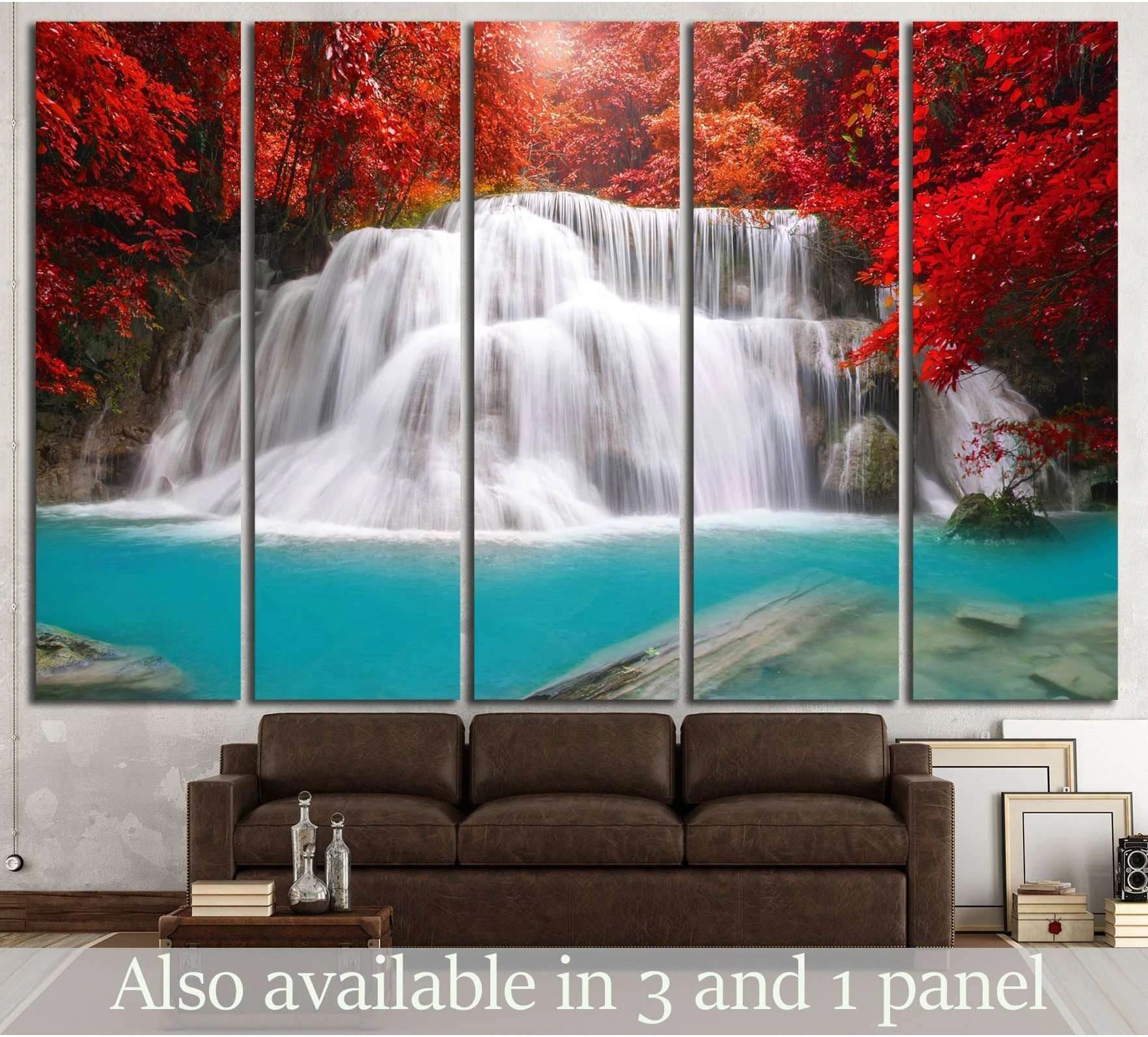 Kanchanaburi Thailand waterfall canvas print with red foliage and turquoise pool above a sofa