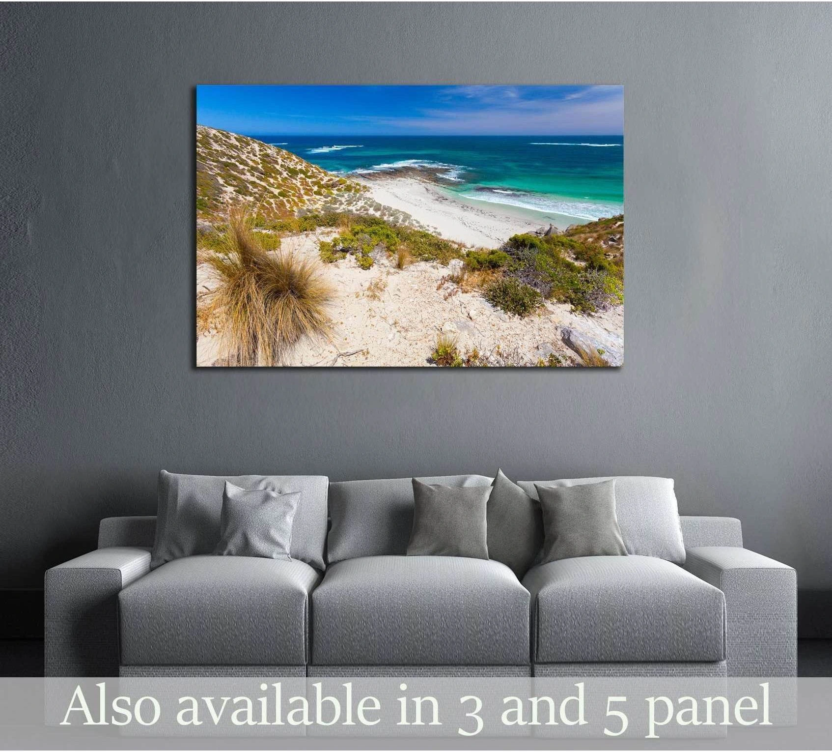 Kangaroo Island beach canvas print with turquoise ocean dunes hung above a gray sofa