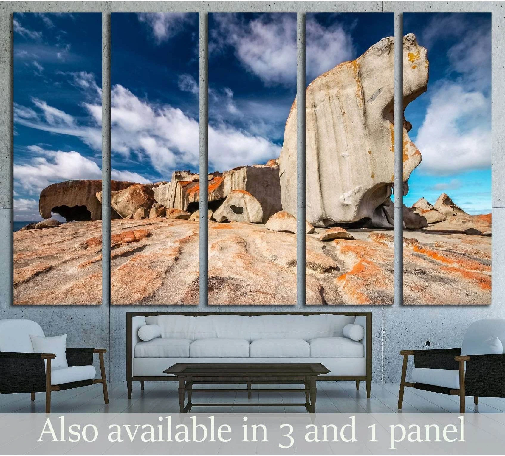 Remarkable Rocks Kangaroo Island canvas print with sunlit granite formations under blue sky in a modern living room
