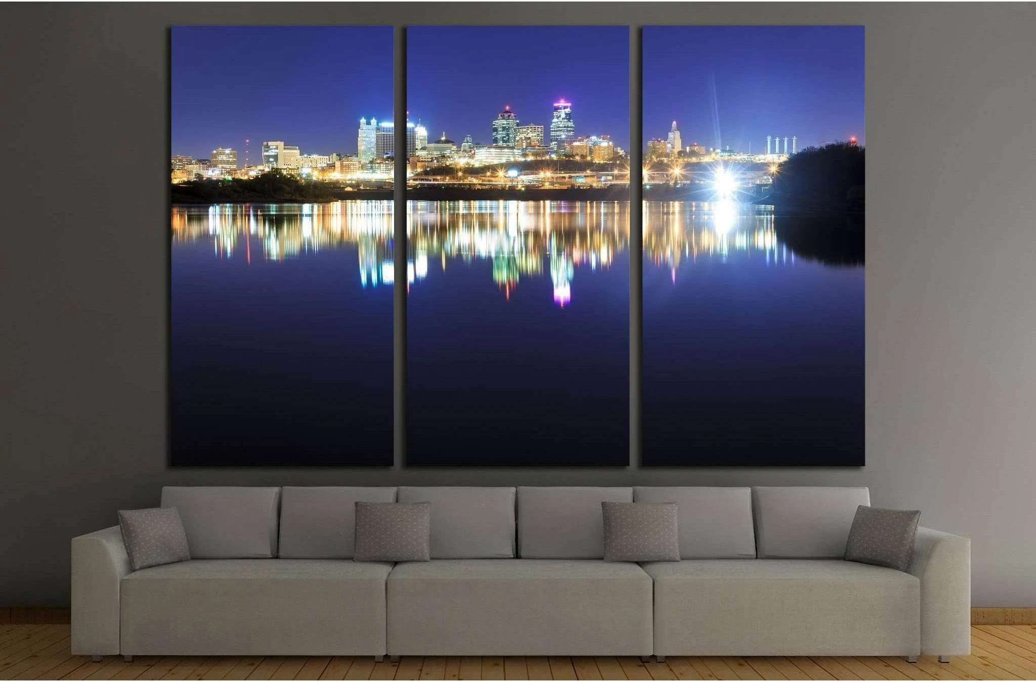 Kansas City over the Missouri River with reflections on the water №1776 Ready to Hang Canvas Print - Zellart Canvas Prints ALL_Products, s-1776