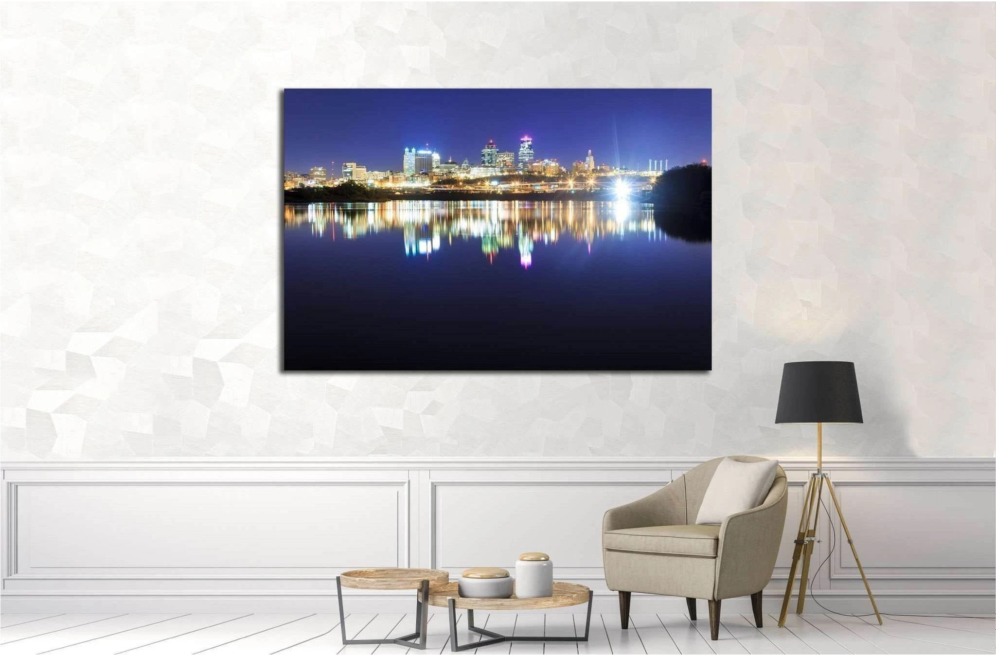 Kansas City over the Missouri River with reflections on the water №1776 Ready to Hang Canvas Print - Zellart Canvas Prints ALL_Products, s-1776