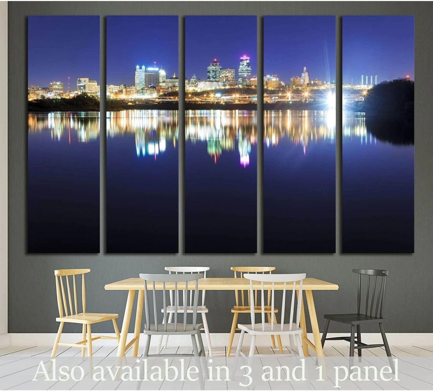 Kansas City skyline canvas print with Missouri River reflections above a dining room table