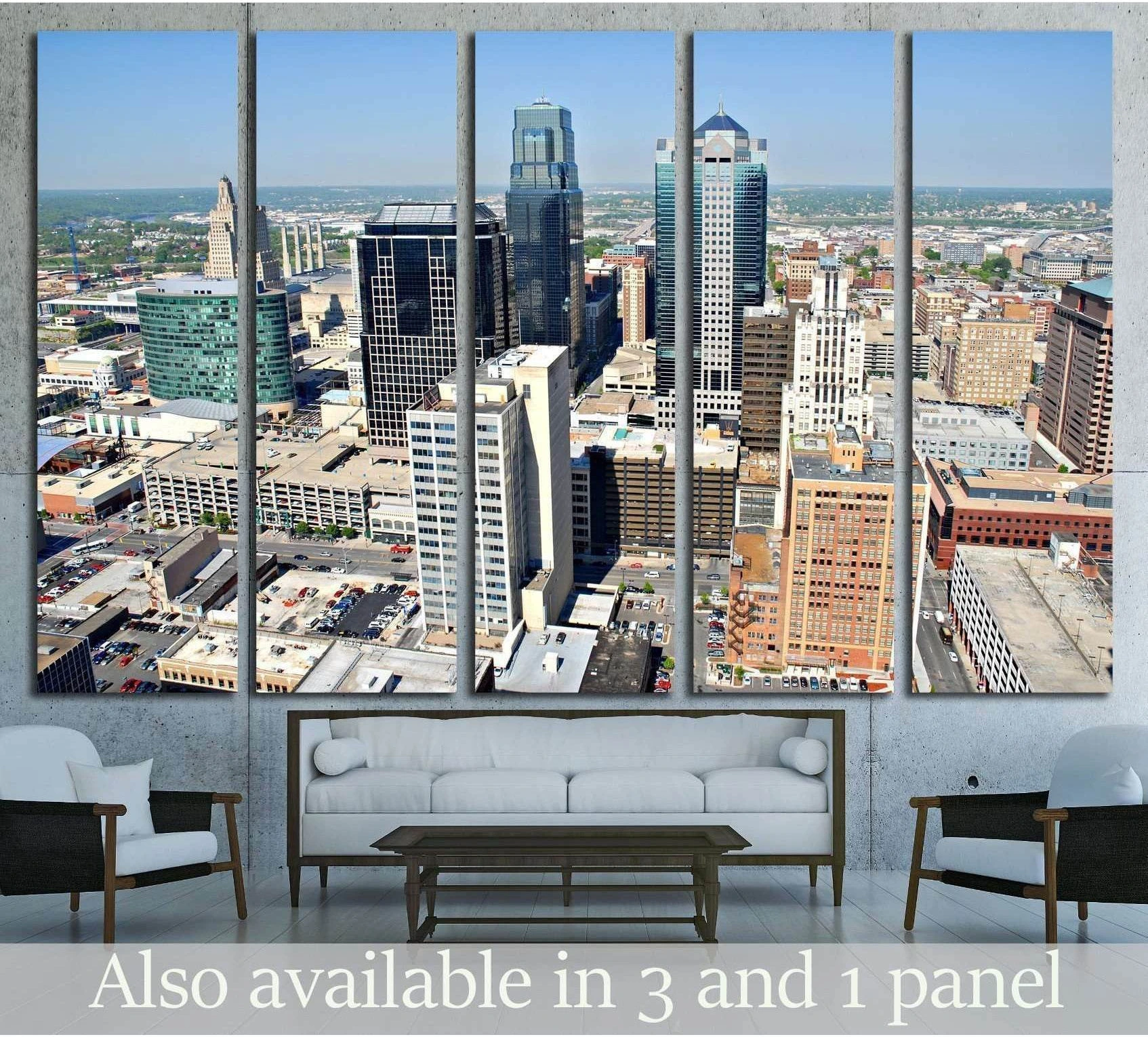 Kansas City skyline multi-panel canvas print above sofa in a modern living room