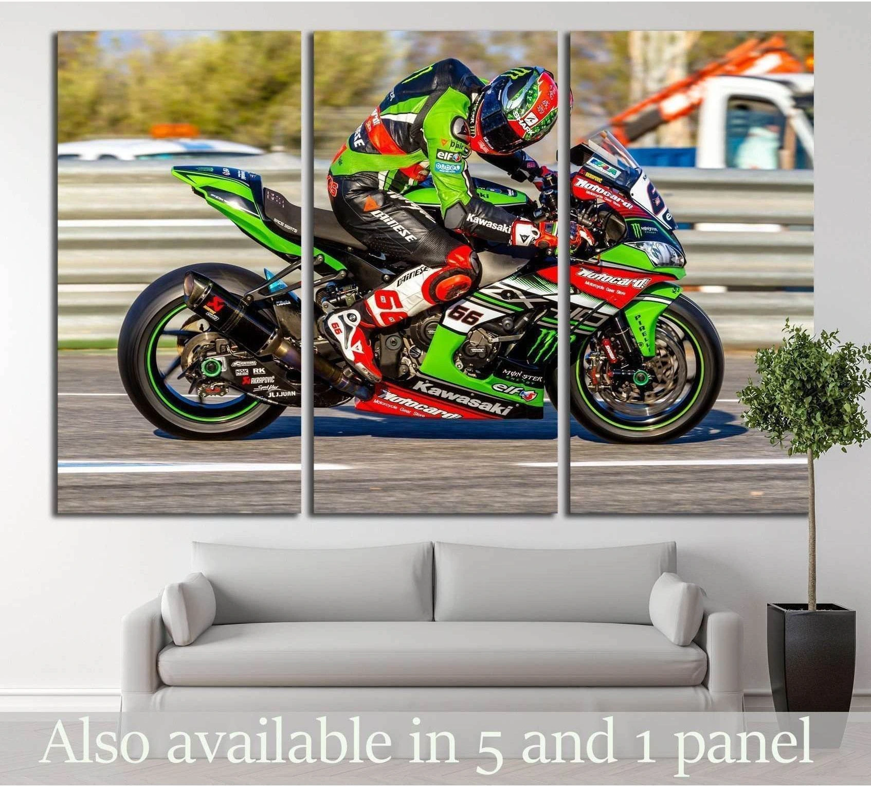 Kawasaki Ninja canvas print showing a green racing motorcycle above a sofa in a modern living room