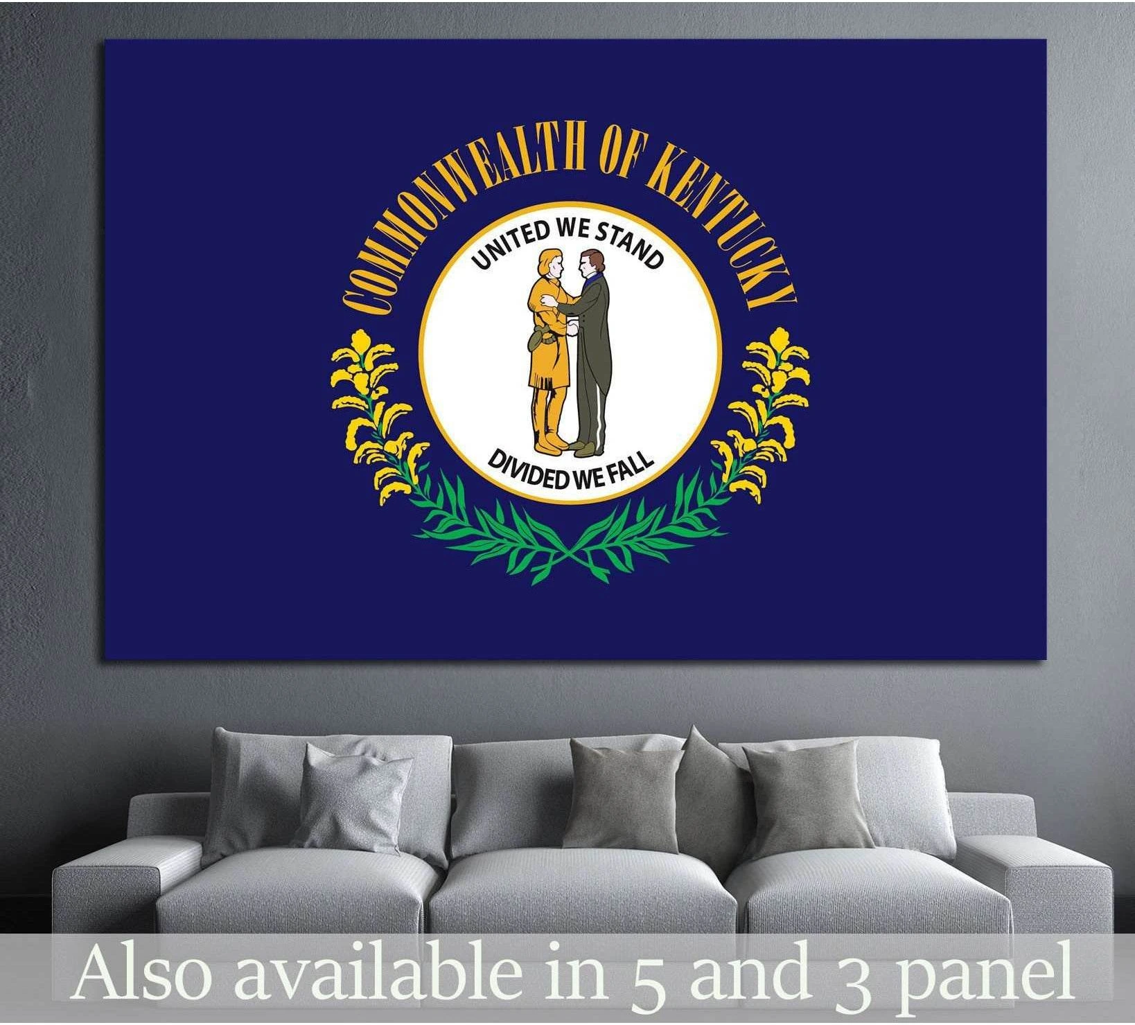 Kentucky flag canvas print with Commonwealth seal on navy blue, displayed above a gray sofa