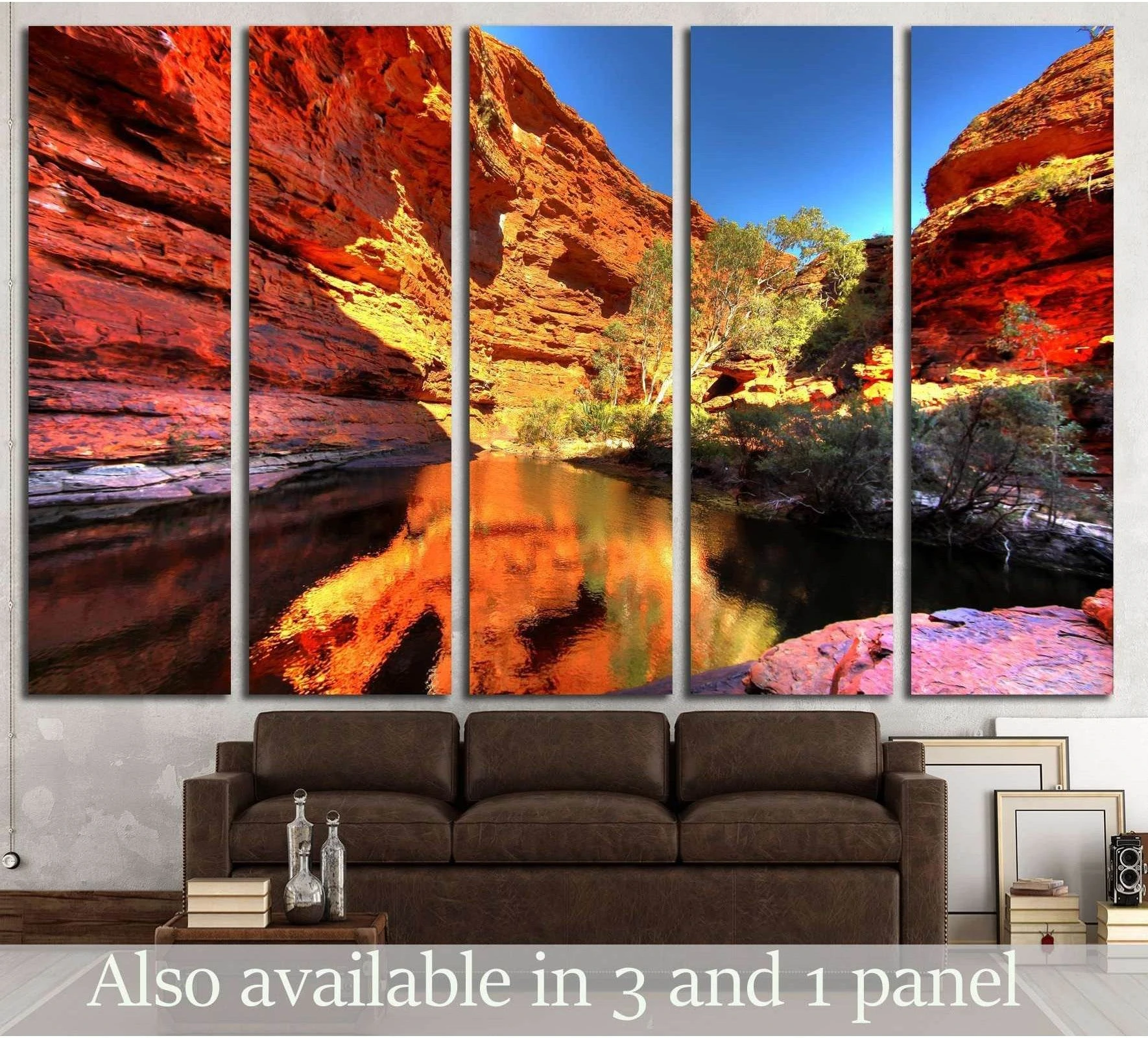 Kings Canyon Australia canvas print with red rock cliffs and reflective pool above a sofa