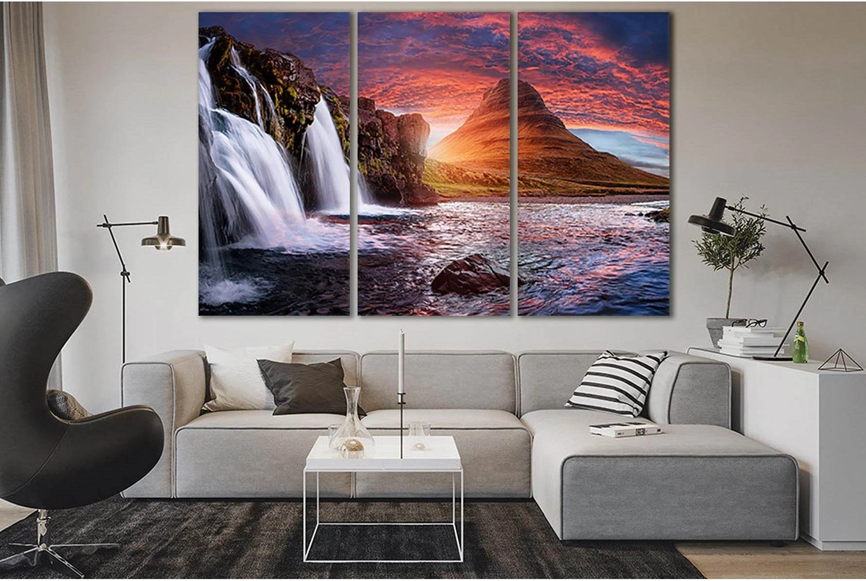 Kirkjufell Waterfalls And Dramatic Sky №SL482 Ready to Hang Canvas Print - Zellart Canvas Prints 0new, ALL_Products, Waterfall, Waterfall Wall Art