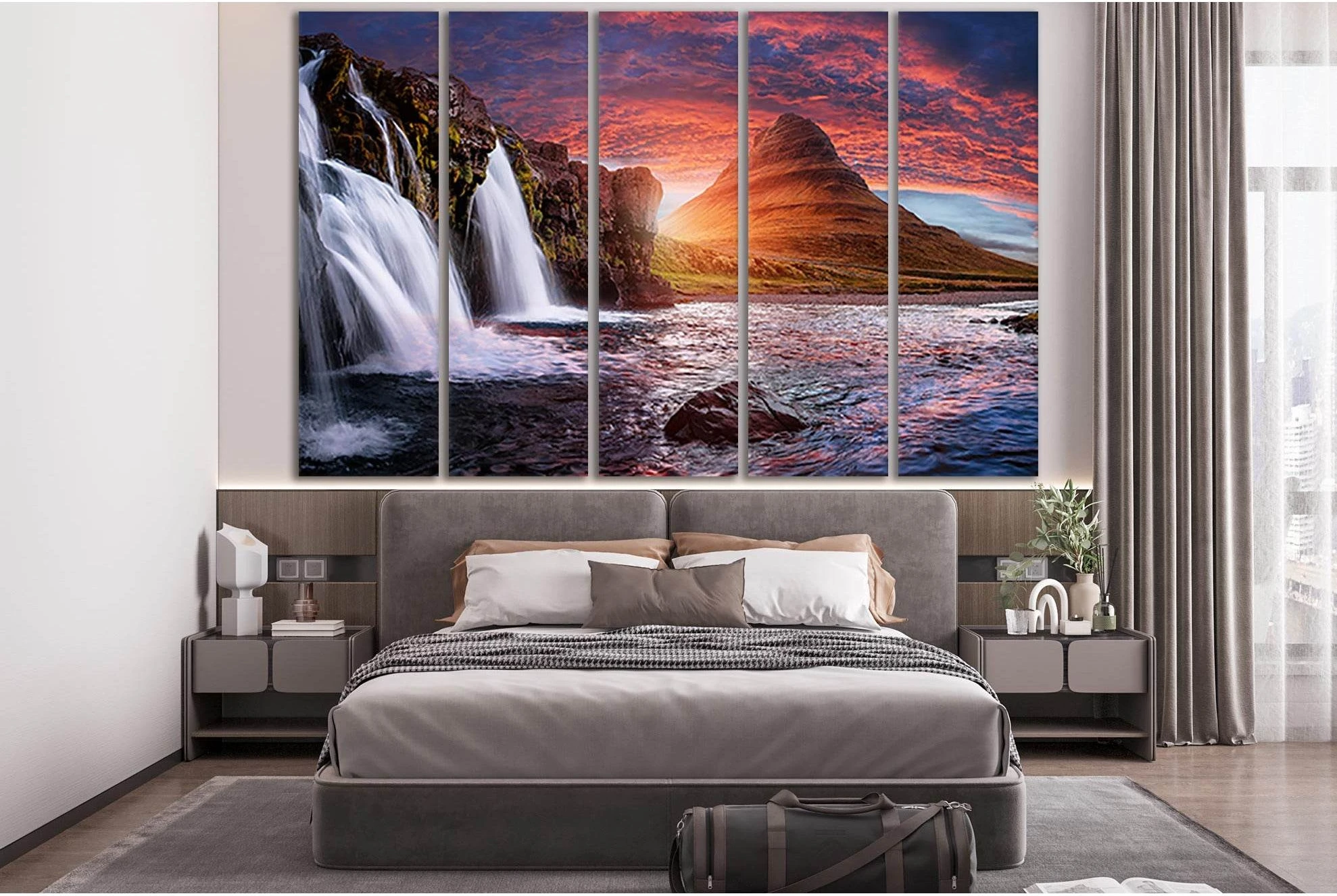 Kirkjufell Waterfalls And Dramatic Sky №SL482 Ready to Hang Canvas Print - Zellart Canvas Prints 0new, ALL_Products, Waterfall, Waterfall Wall Art