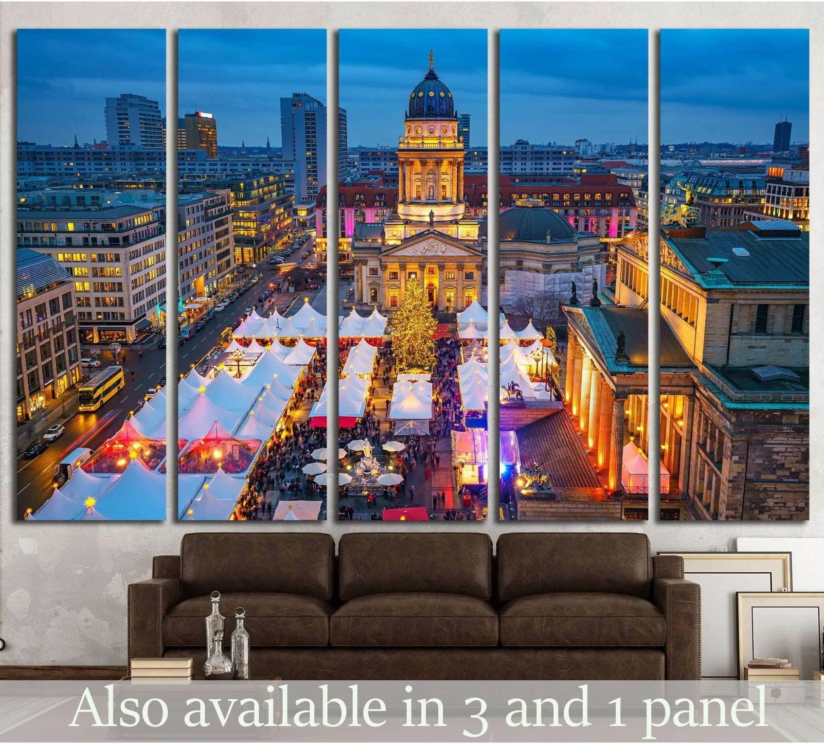 Berlin Konzerthaus canvas print above sofa with Gendarmenmarkt Christmas market at dusk