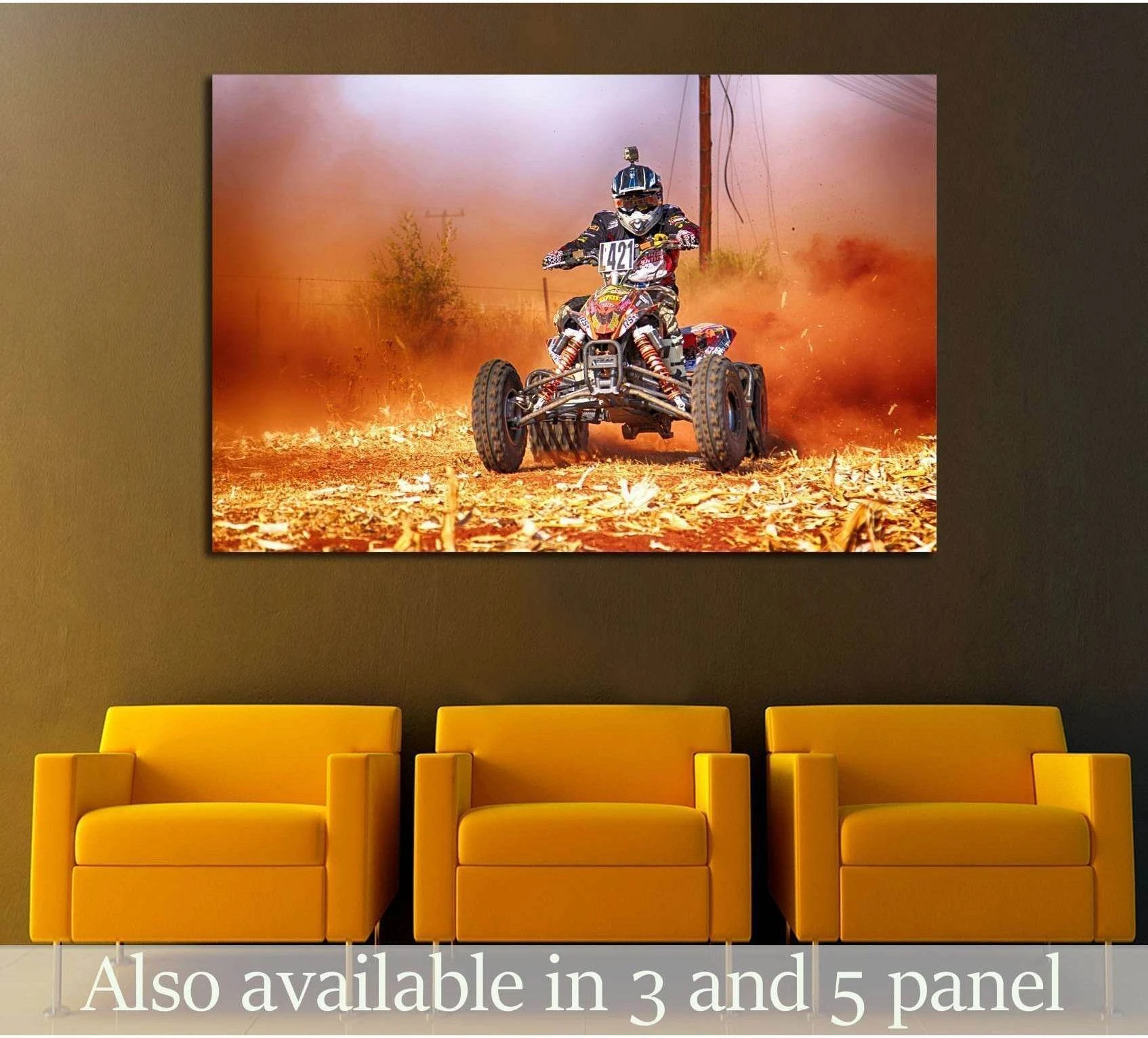 ATV racing canvas print with quad bike kicking up orange dust on a sand track above modern chairs