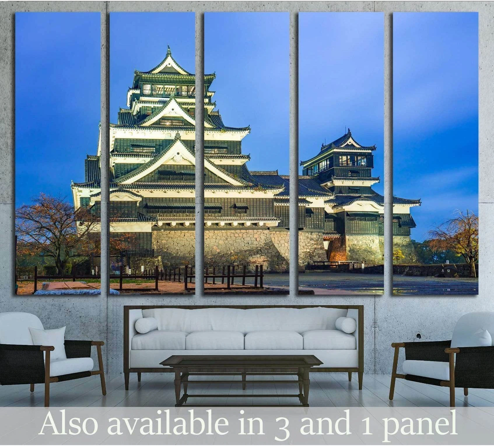 Kumamoto Castle canvas print in five-panel layout above a sofa in a modern living room