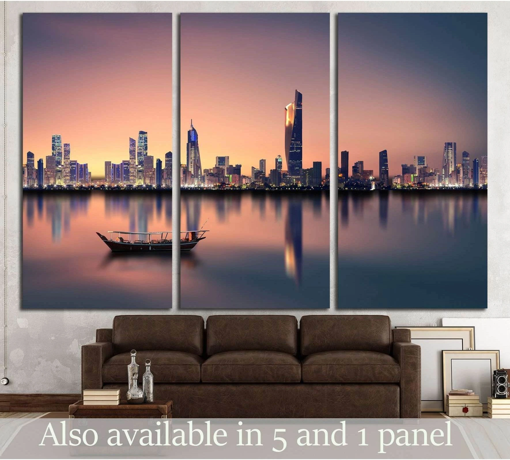 Kuwait City skyline canvas print at sunset with calm water reflections and a traditional boat in triptych layout