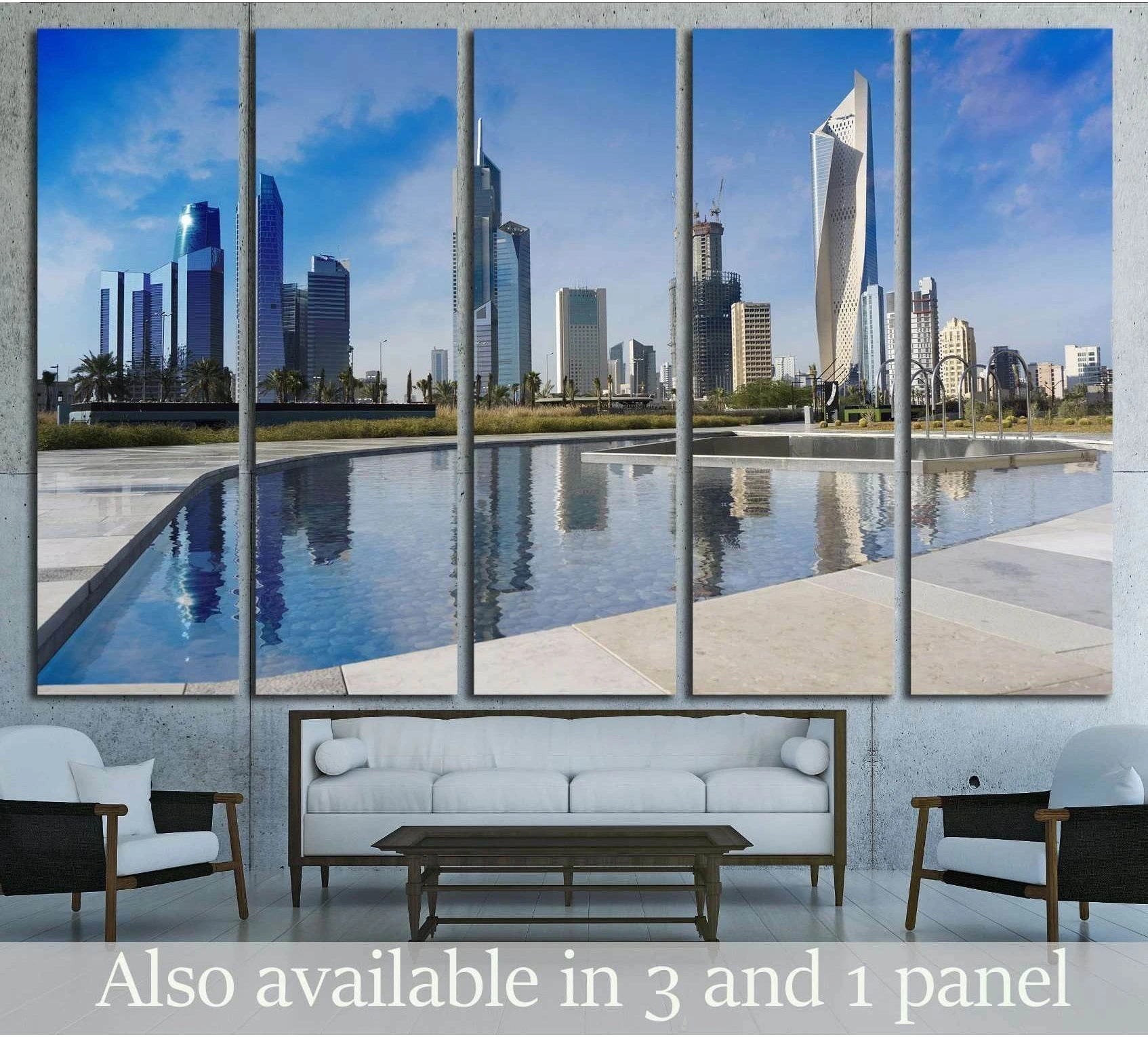 Kuwait City skyline canvas print with modern skyscrapers and pool reflections above a sofa