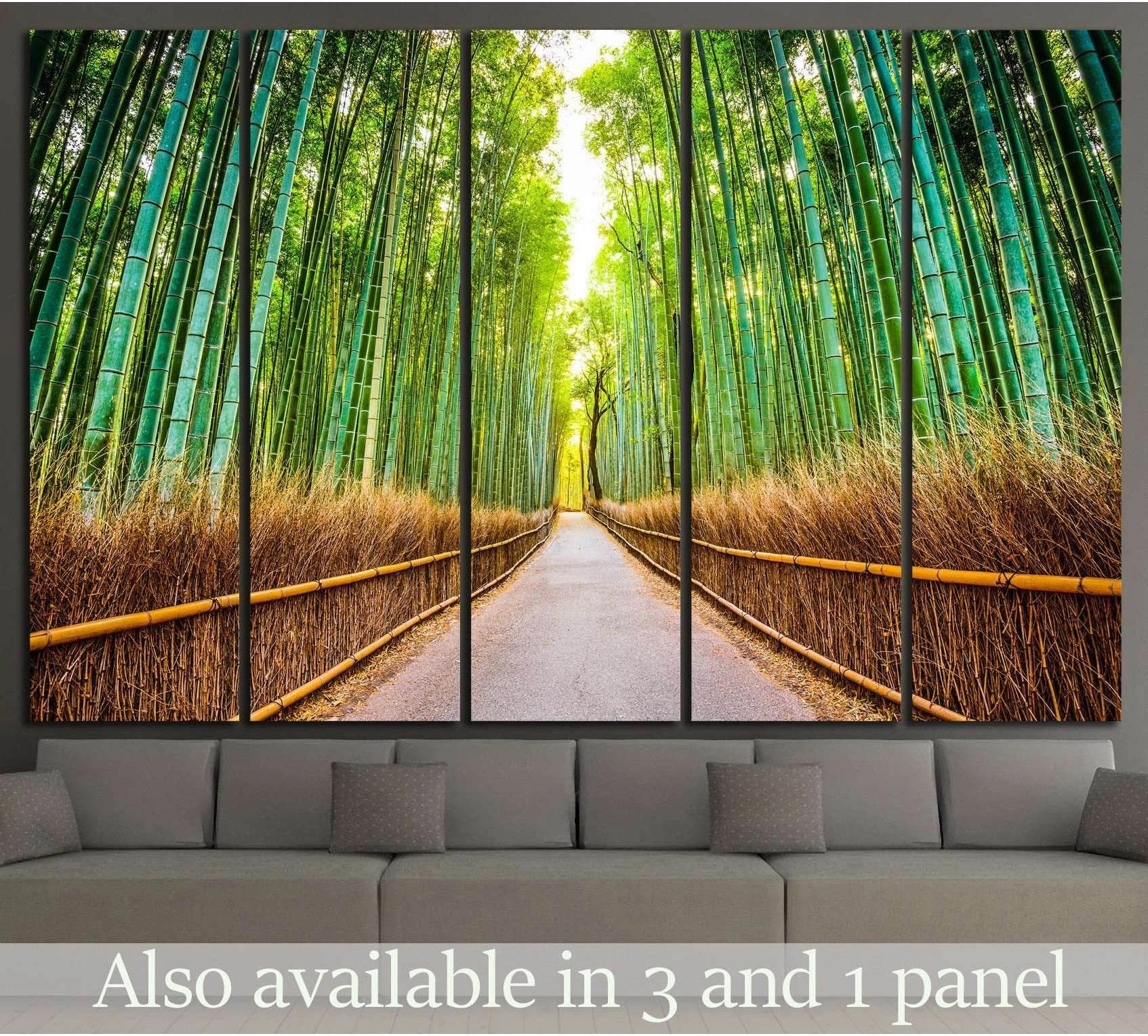 Kyoto bamboo forest canvas print with Arashiyama pathway, tall green stalks, and symmetrical perspective