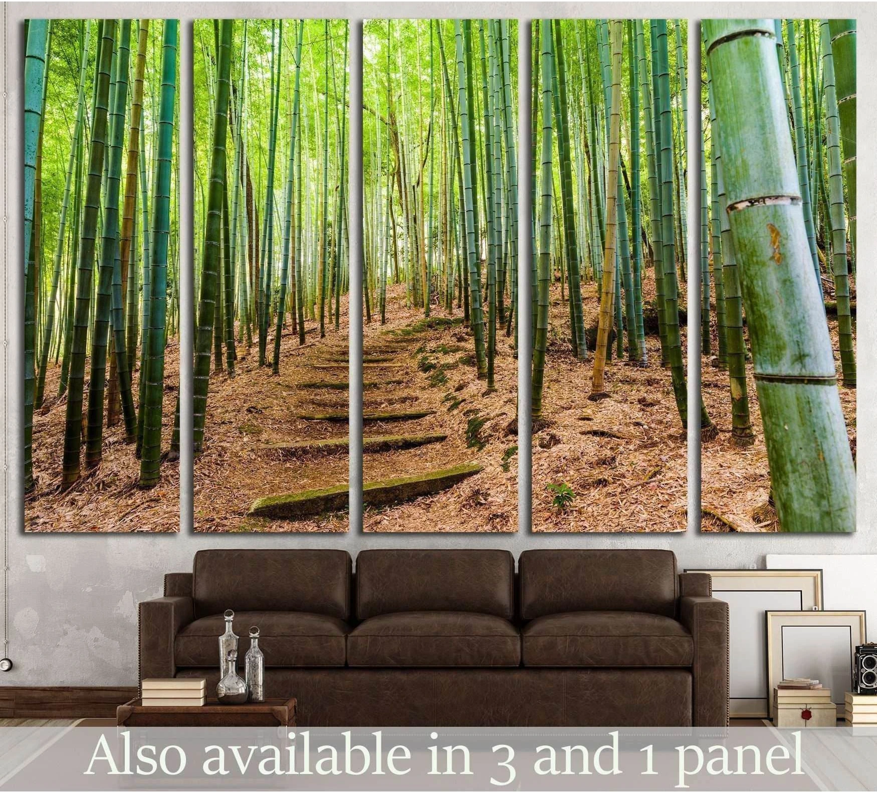 Kyoto bamboo forest canvas print in 5-panel layout above a sofa in a modern living room
