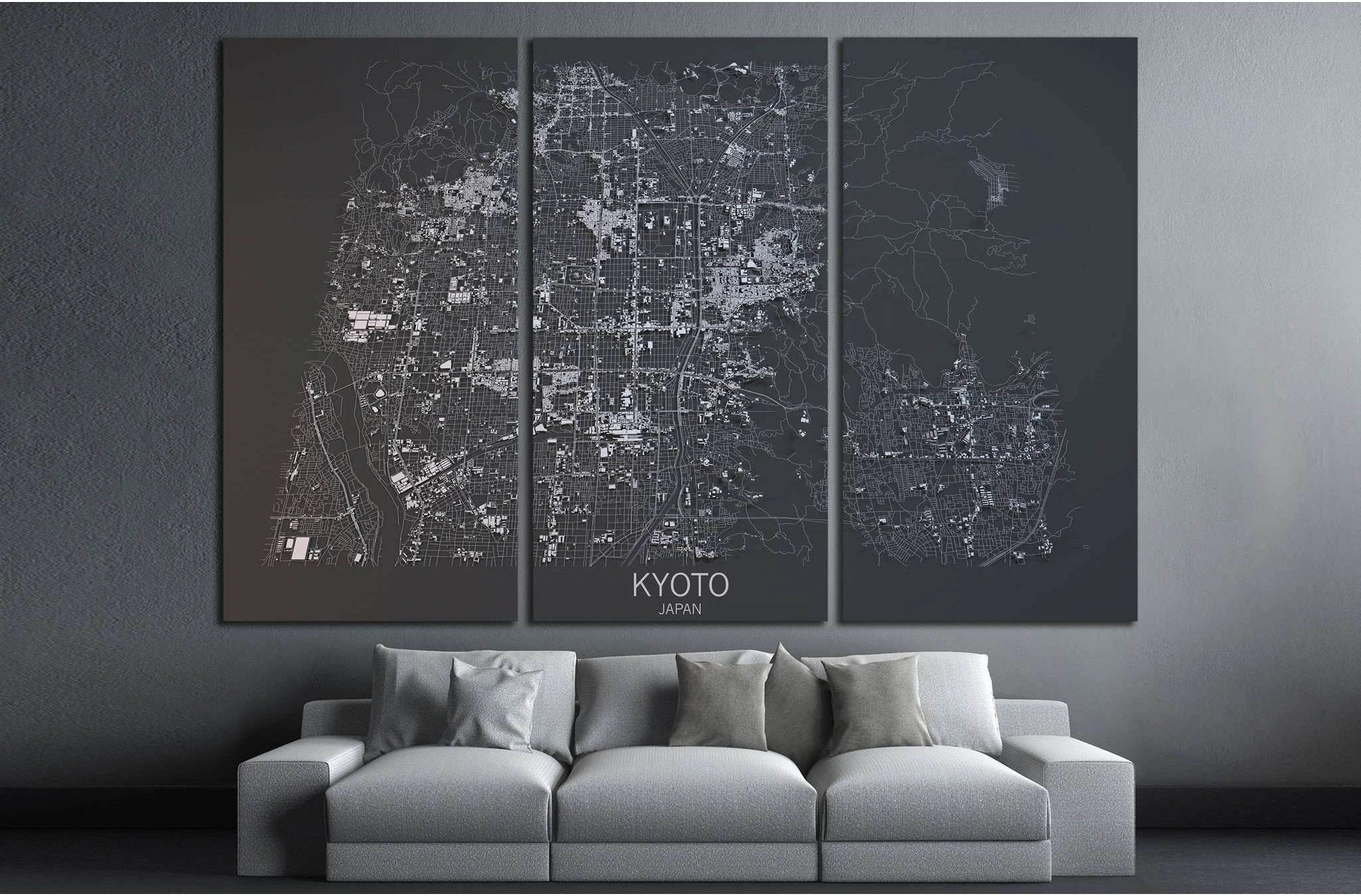 Kyoto map, satellite view, Japan №1825 Ready to Hang Canvas Print - Zellart Canvas Prints ALL_Products, s-1825