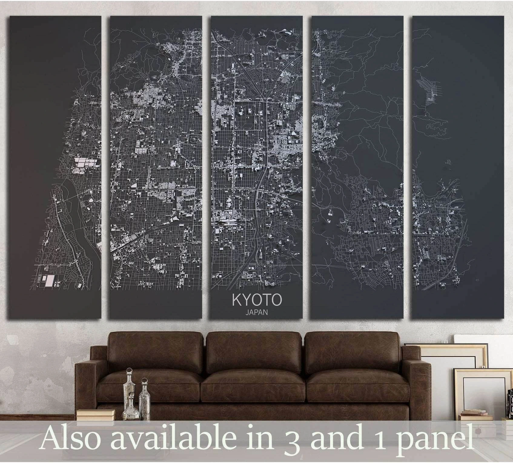 Kyoto satellite map canvas print in dark charcoal tones displayed above a brown sofa