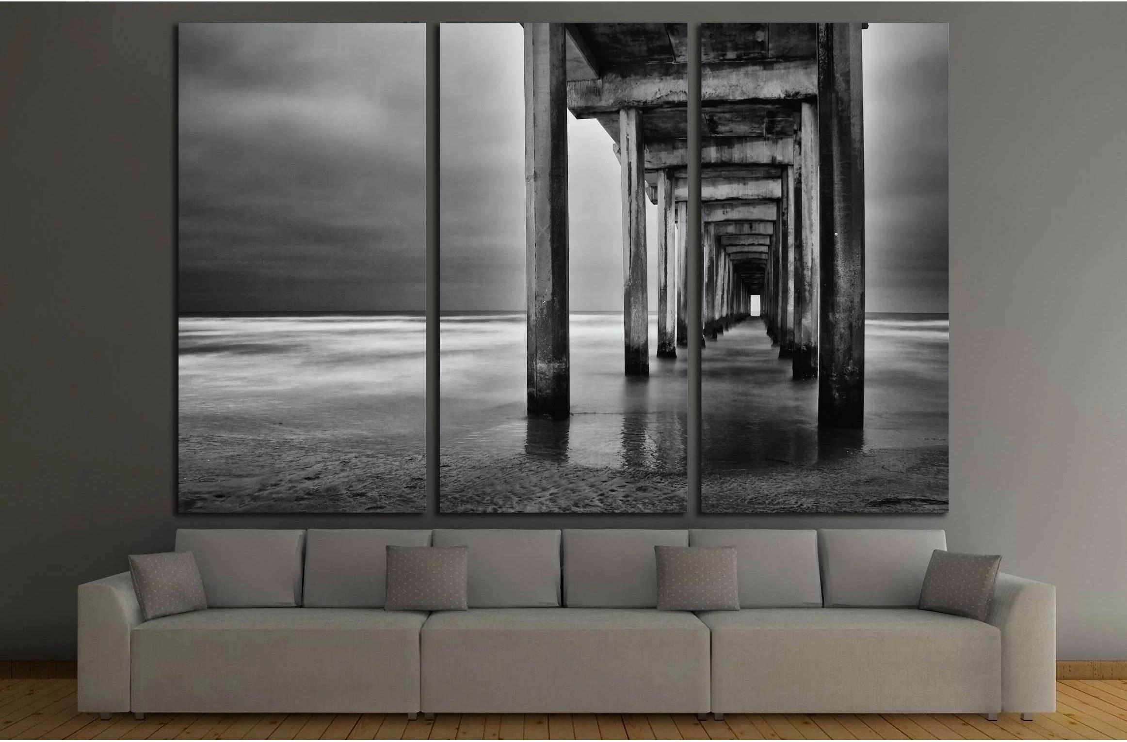 La Jolla beach, California, long exposure under the pylons, black and white image. №2675 Ready to Hang Canvas Print - Zellart Canvas Prints ALL_Products, s-2675