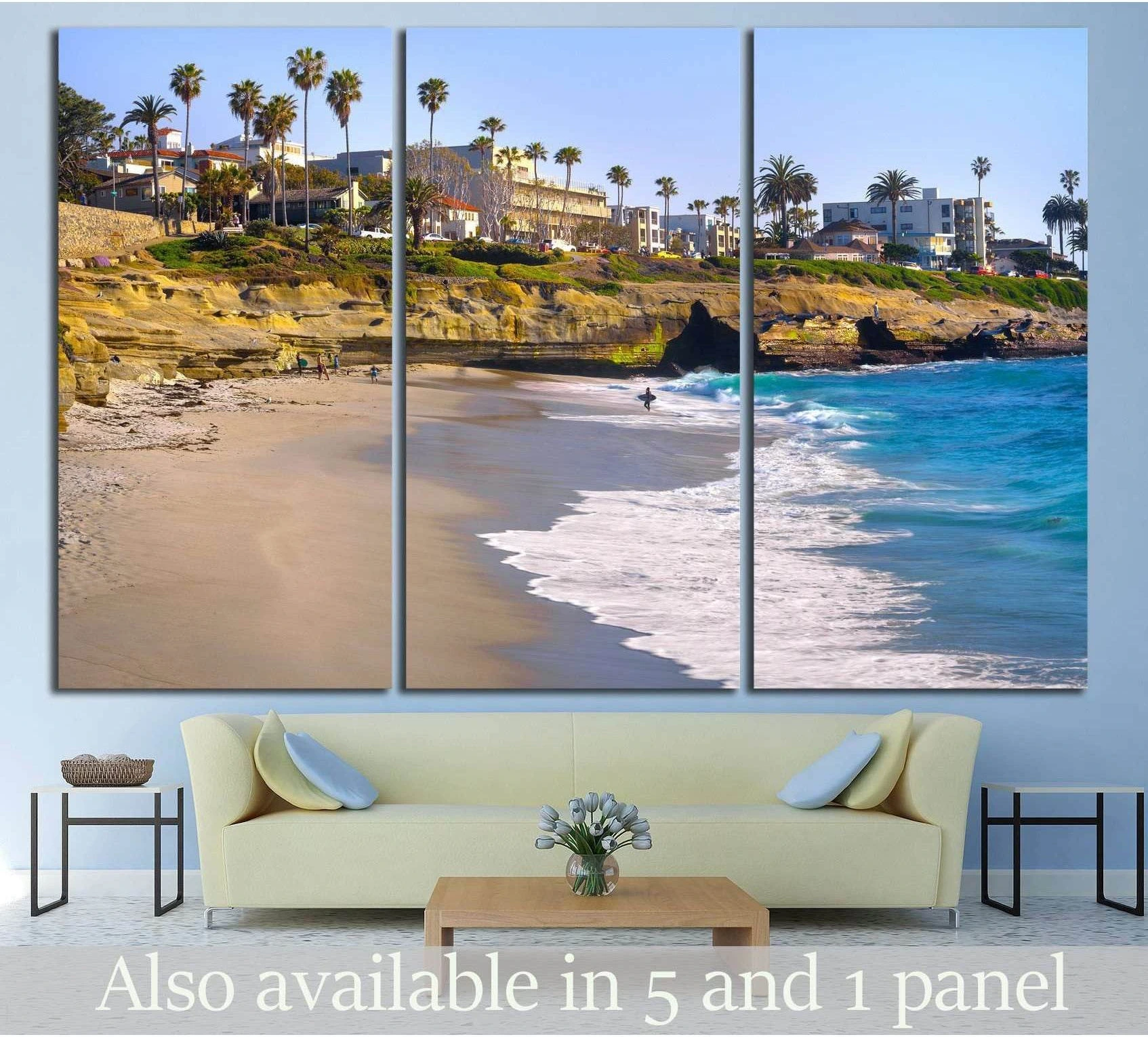 La Jolla San Diego beach canvas print with palm trees, sandy cliffs, and turquoise waves above a sofa