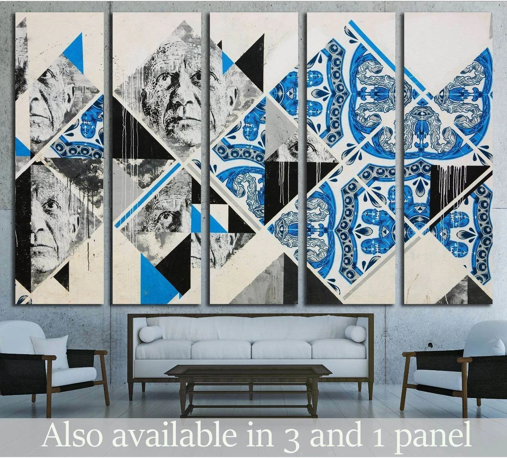 Blue and white azulejo portrait canvas print in a five-panel layout above a modern sofa