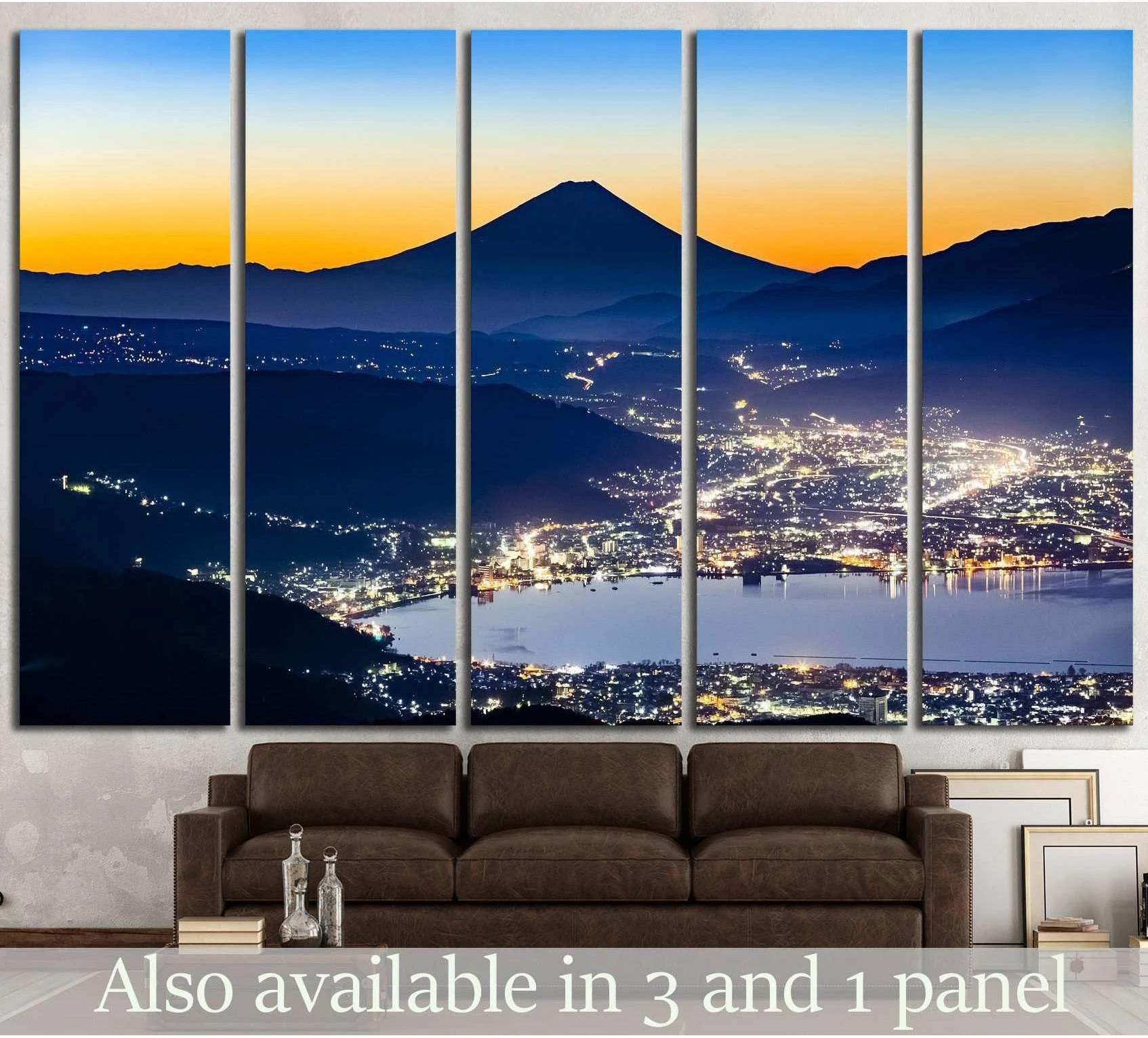 Mount Fuji and Lake Suwa twilight canvas print above a sofa in a modern living room