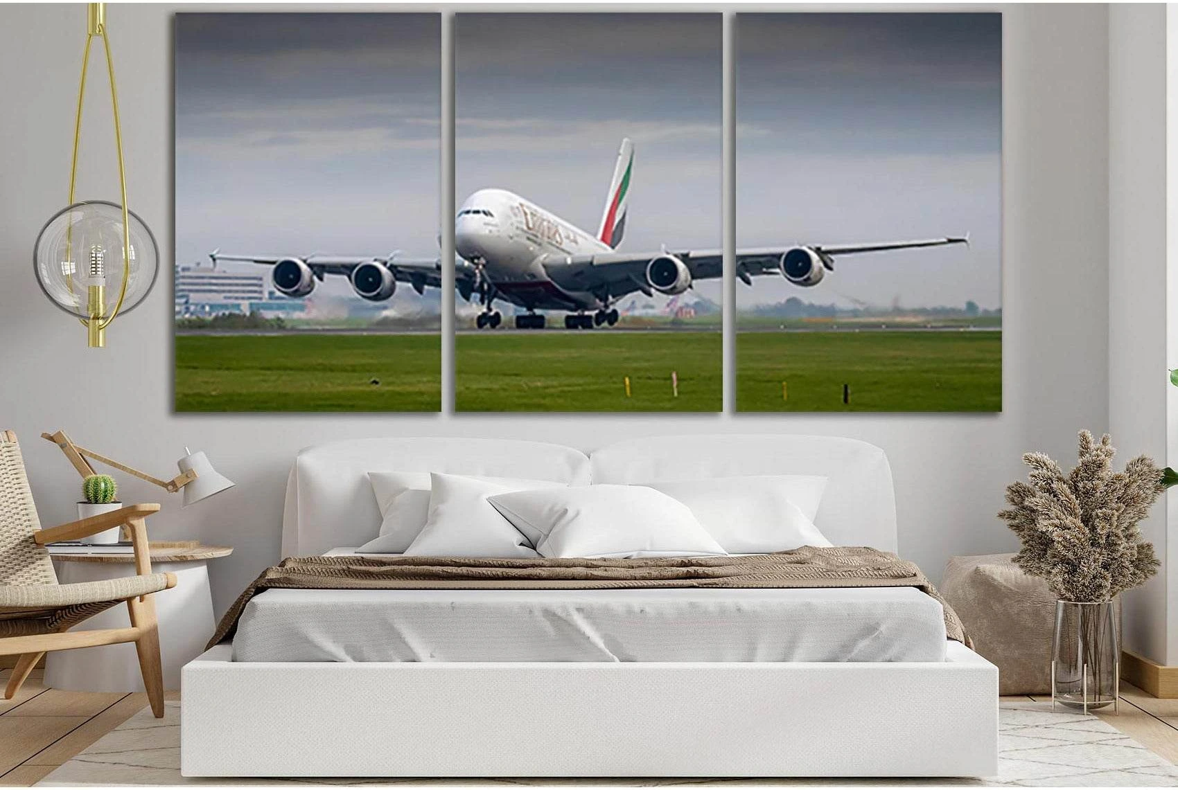 Landing A Large White Biplane №SL771 Ready to Hang Canvas Print - Zellart Canvas Prints 0new, ALL_Products, Engine, Engines Wall Art