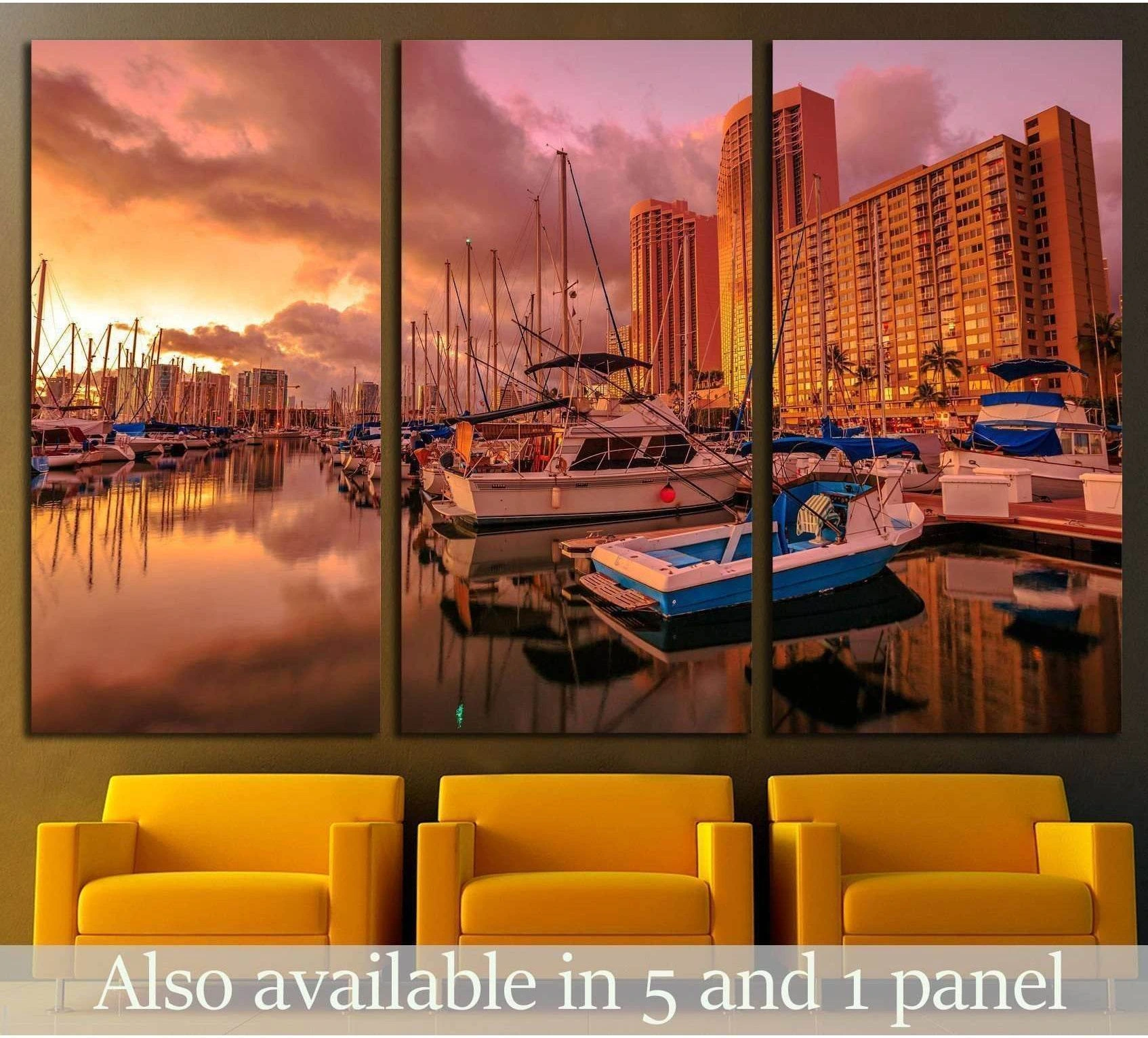 Ala Wai Harbor sunset triptych canvas print with sailboats and Waikiki towers above yellow chairs