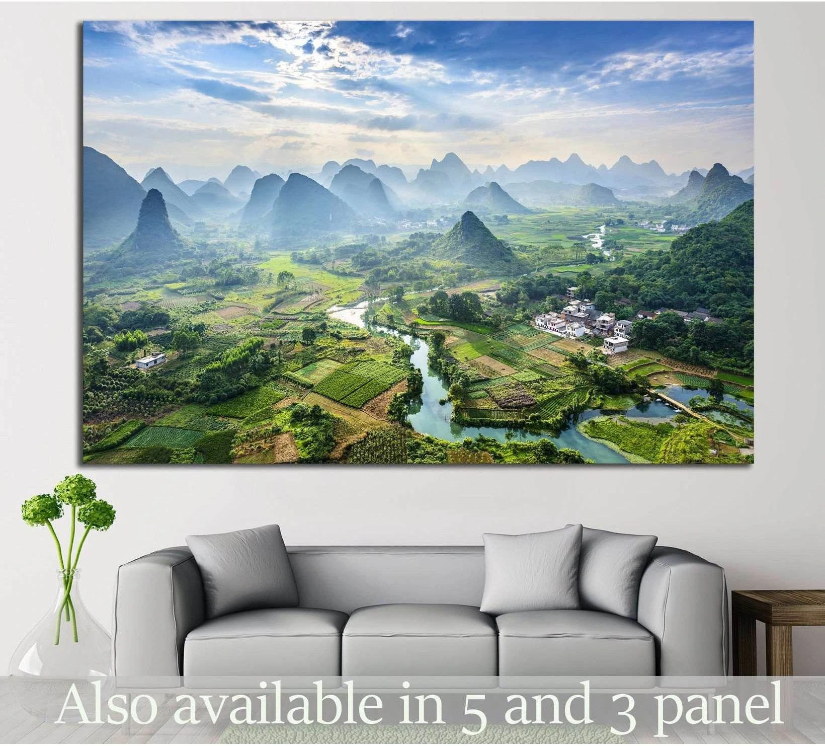 Guilin landscape canvas print with Li River and karst mountains above a sofa