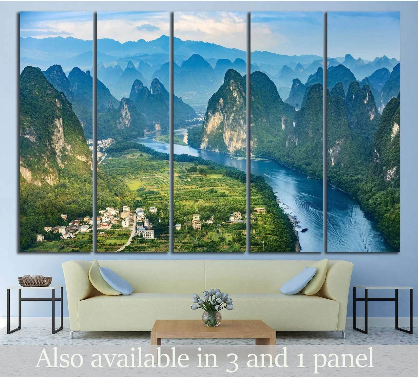 Guilin Li River canvas print with misty karst mountains above a sofa in a modern living room