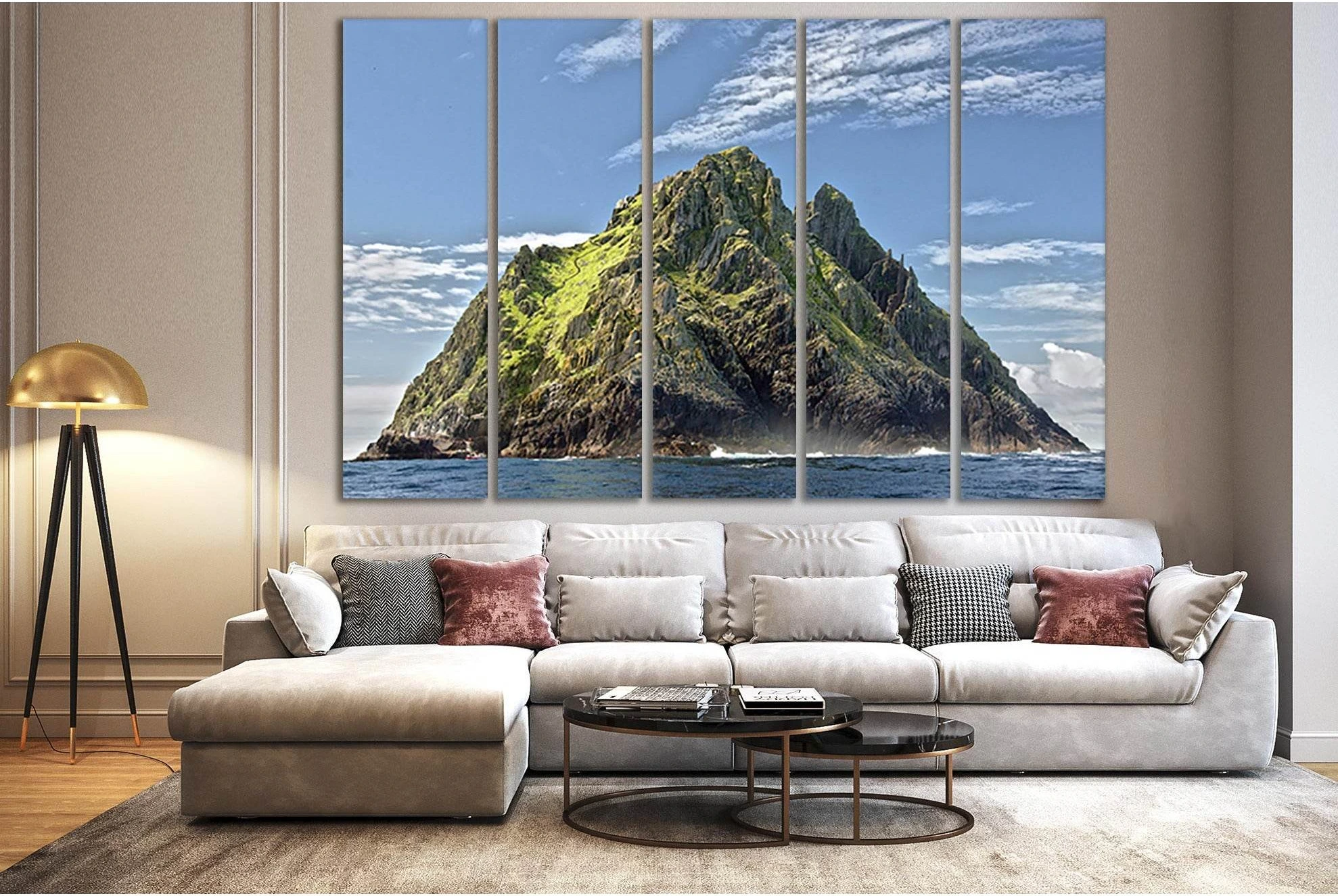 Mountain Island Landscape Canvas Print With Blue Sky showing sea water, shoreline and horizon depth.