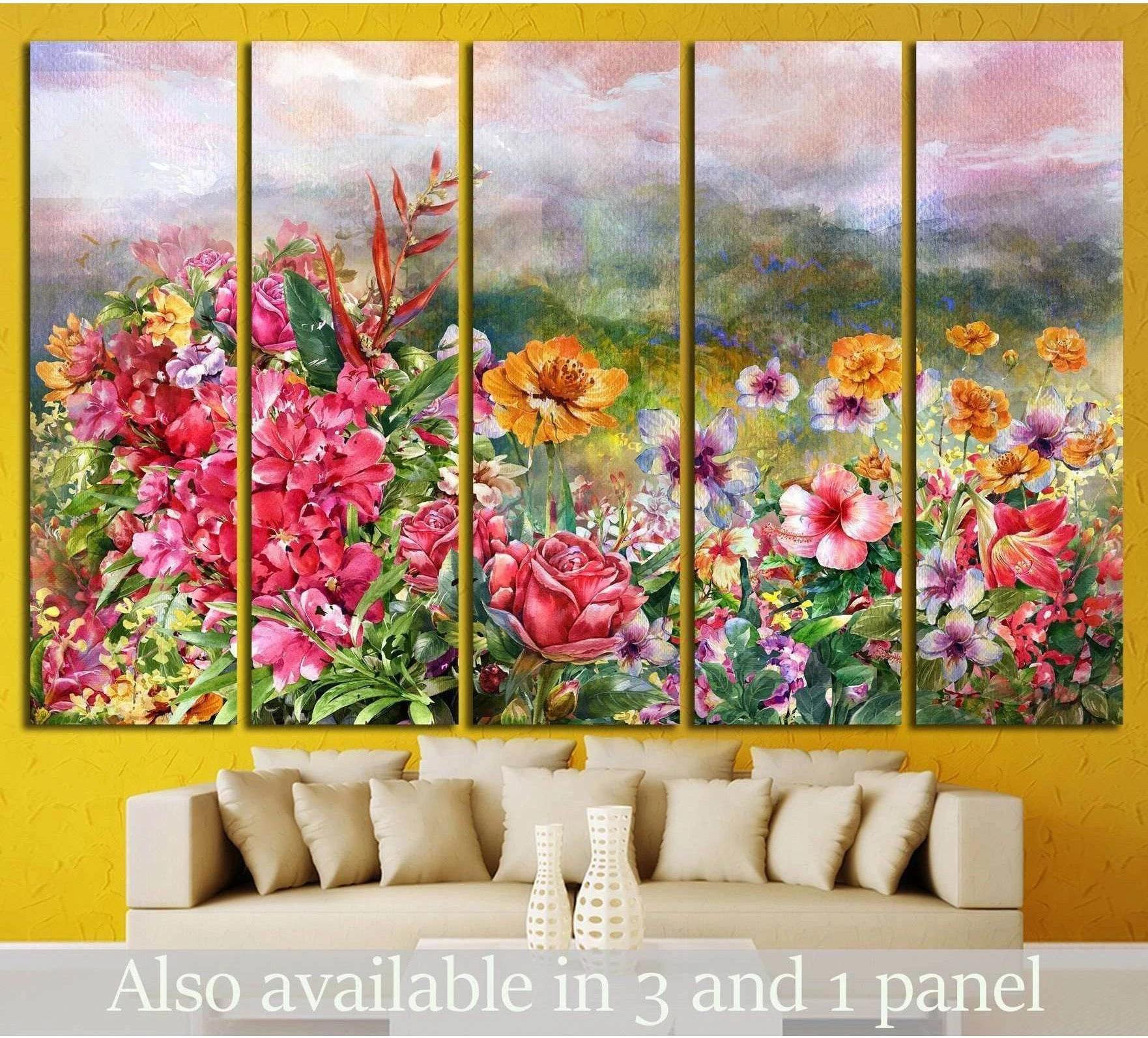Five-panel watercolor floral canvas print with pink, orange, and yellow garden flowers above a sofa