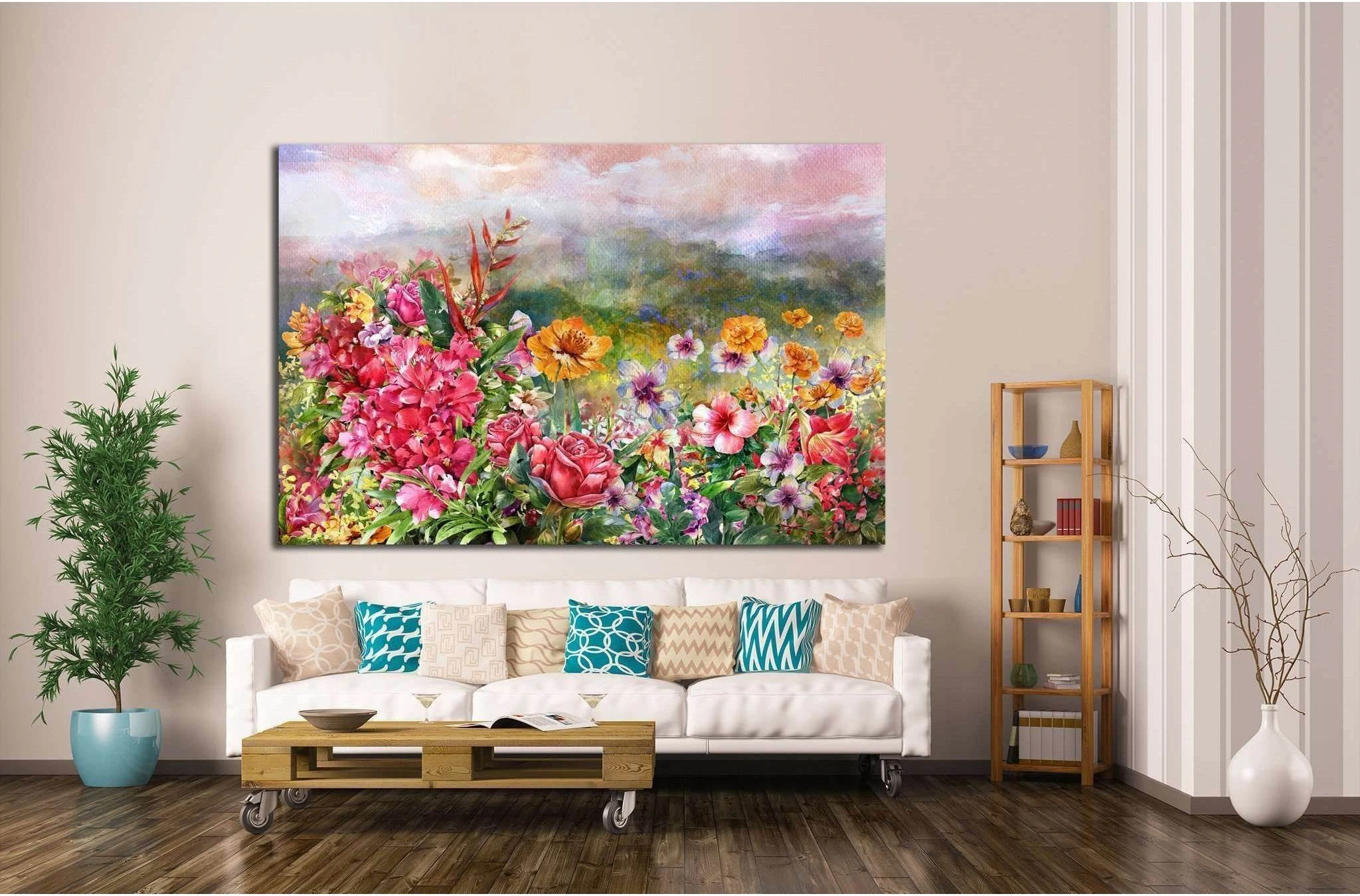landscape of multicolored flowers watercolor painting №1351 Ready to Hang Canvas Print - Zellart Canvas Prints ALL_Products, s-1351