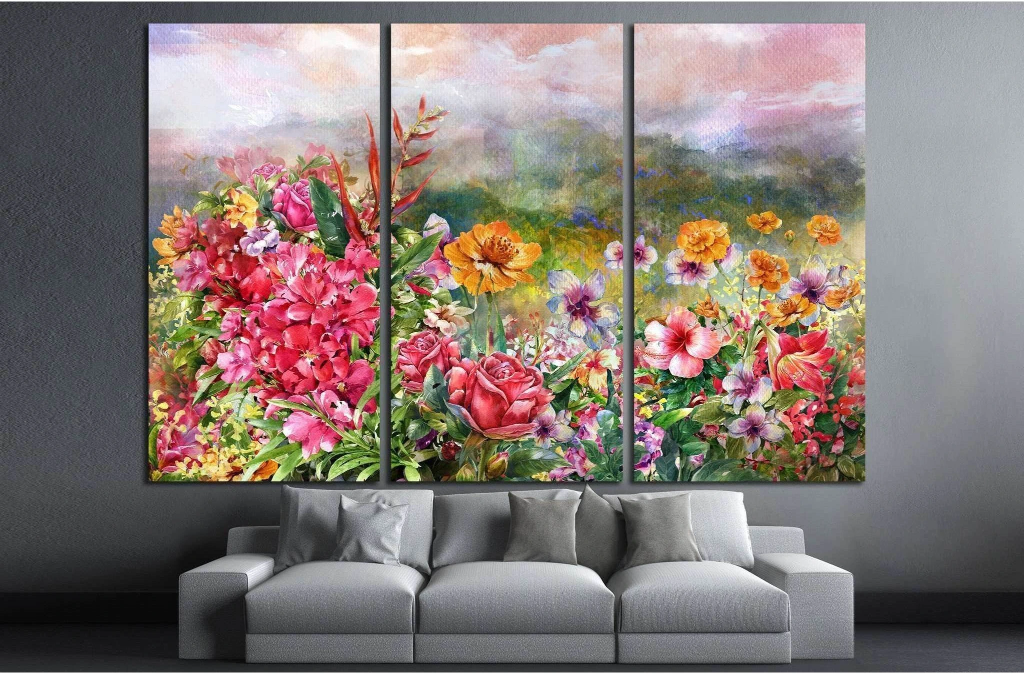 landscape of multicolored flowers watercolor painting №1351 Ready to Hang Canvas Print - Zellart Canvas Prints ALL_Products, s-1351