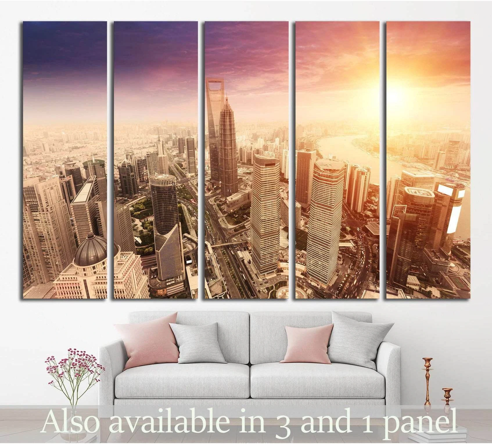 Five-panel Shanghai skyline canvas print above a sofa in a modern living room at sunset